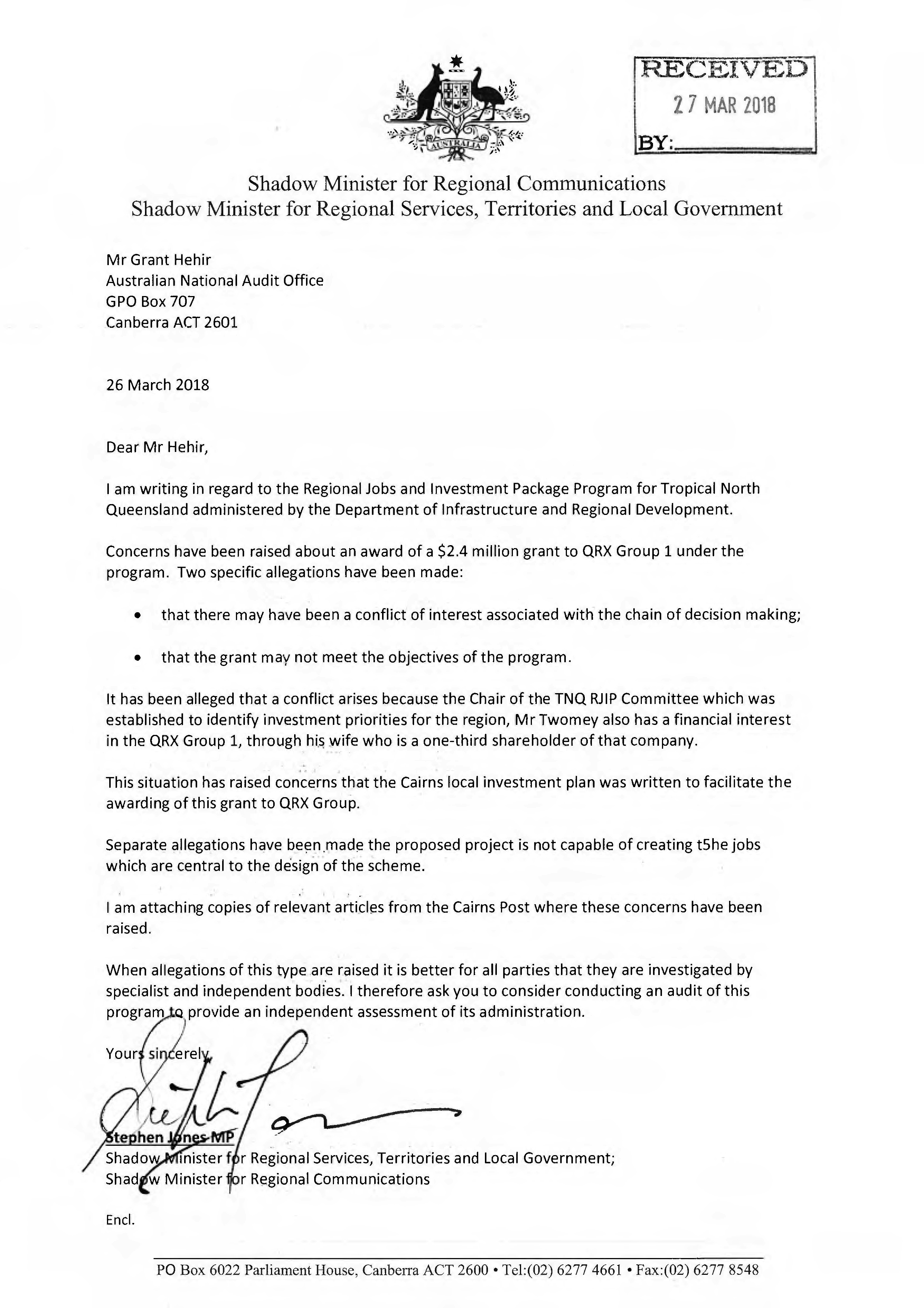Correspondence from Mr Stephen Jones MP about the Regional Jobs and Investment Package program in Tropical North Queensland Correspondence from Mr Stephen Jones MP about the Regional Jobs and Investment Package program in Tropical North Queensland