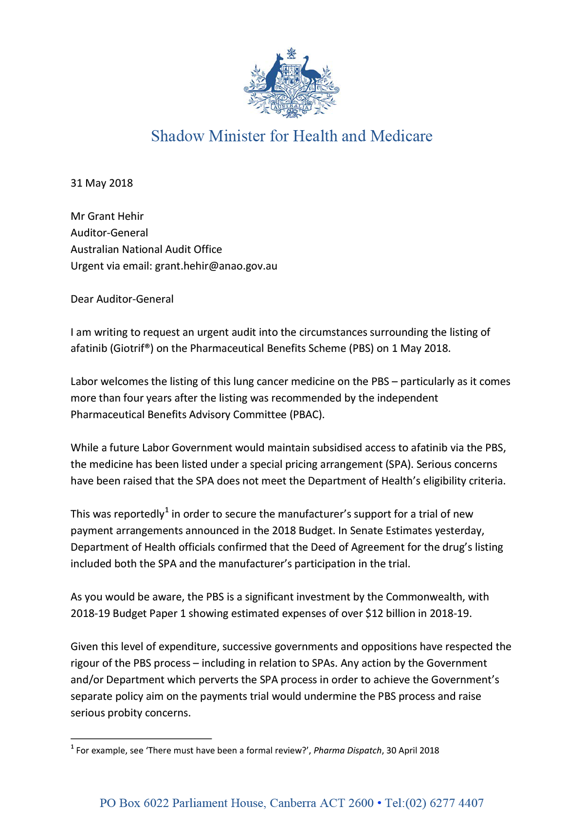 Page one of the Hon Catherine King MP's request for audit Page one of the Hon Catherine King MP's request for audit