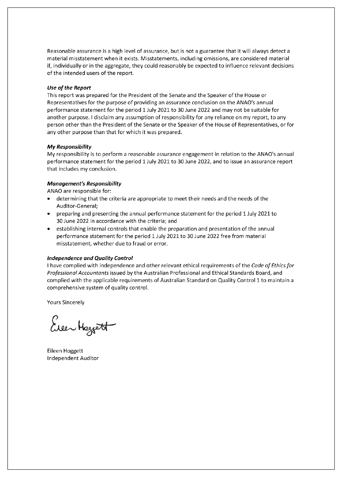 Page two of statement from external auditor. 