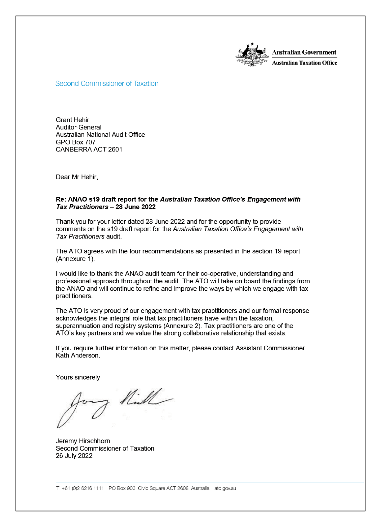 Response from the Australian Taxation Office. You can find a summary of the response in the summary and recommendations chapter of this report. 