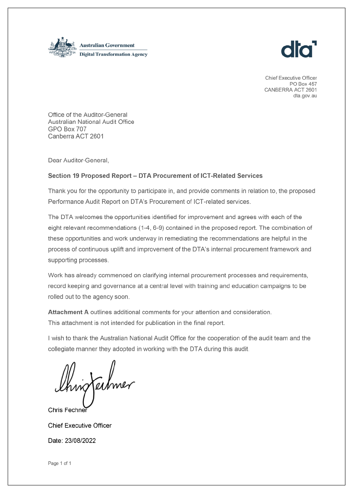 The response from the Digital Transformation Agency. You can find a summary of the response in the summary and recommendations chapter of this report. 