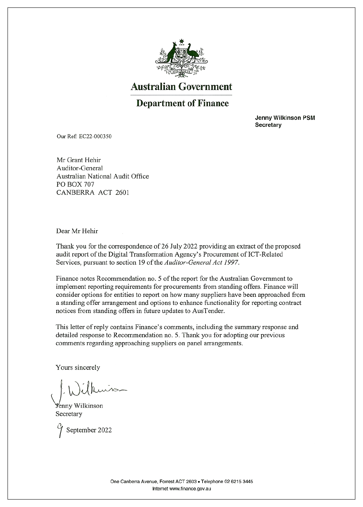 The response from the Department of Finance. You can find a summary of the response in the summary and recommendations chapter of this report.