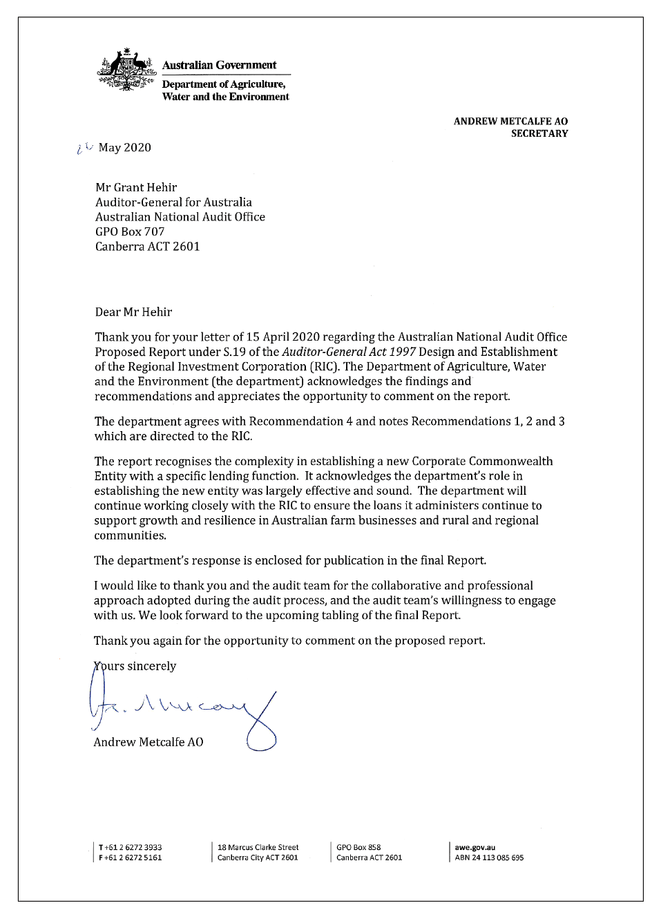 Response from the Secretary of the Department of Agriculture, Water and the Environment