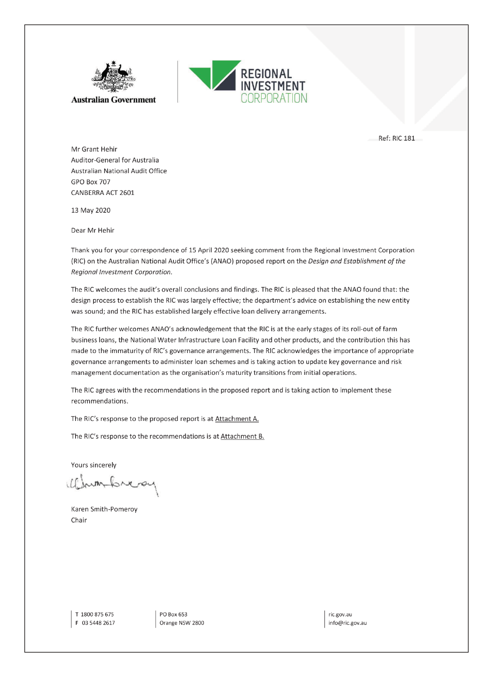 Response from the Chair of the Regional Investment Corporation