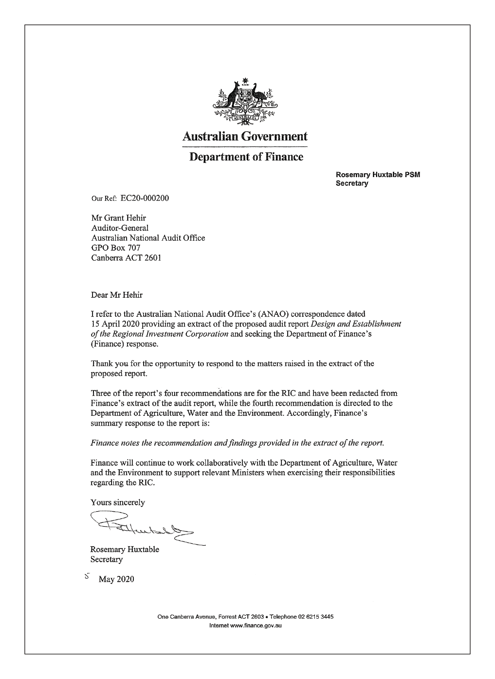 Response from the Secretary of the Department of Finance