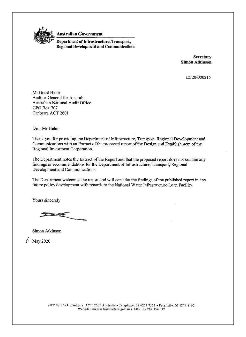 Response from the Secretary of the Department of Infrastructure, Transport, Regional Development and Communications