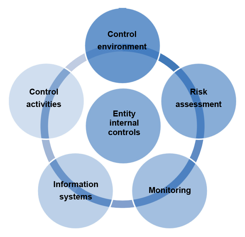 Figure 2.1 outlines the 5 elements of an entities internal control framework consisting of: Control Environment; Risk Assessment; Monitoring; Information Systems; and Control Activities, as per ASA 315.