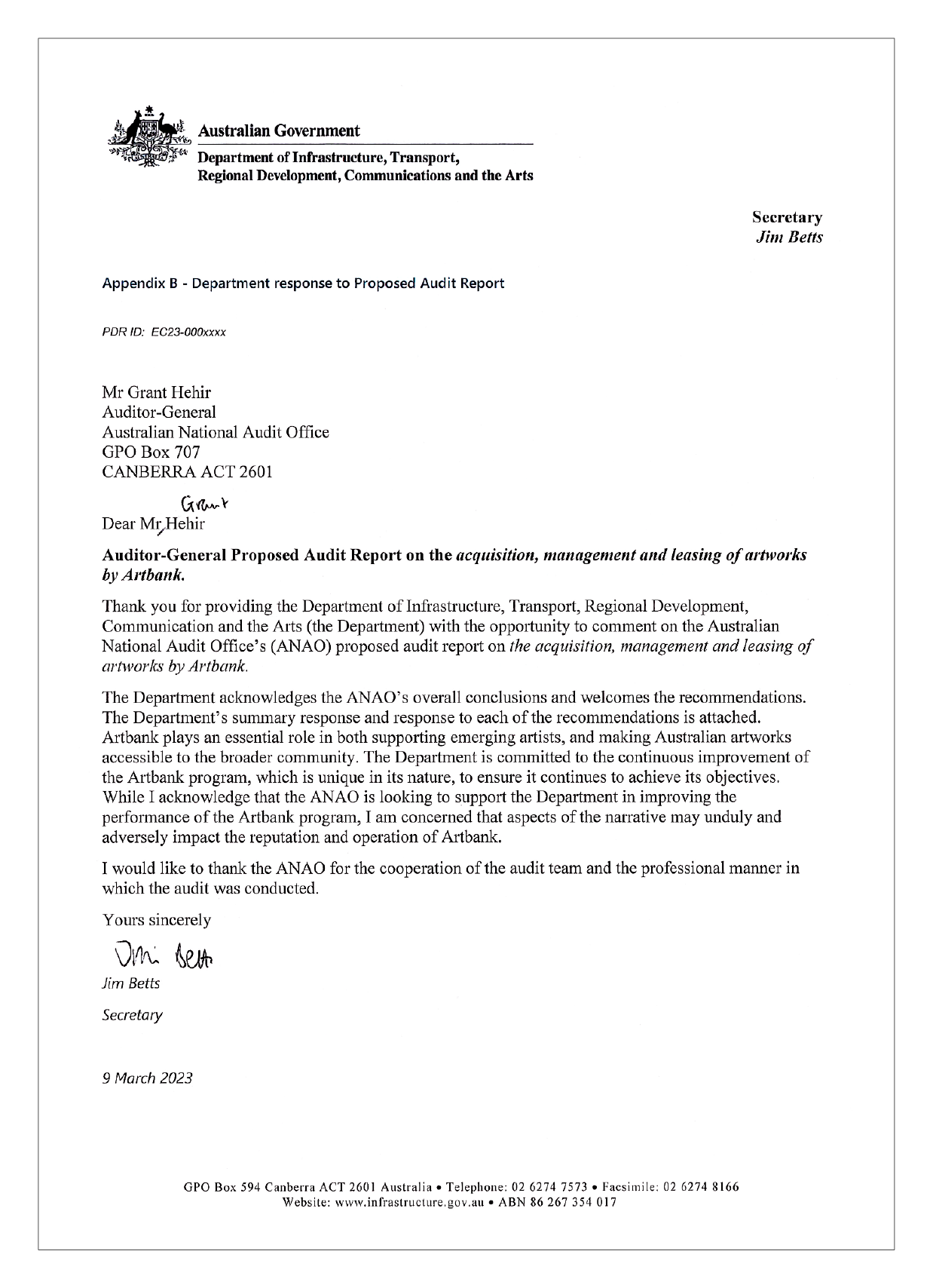 The response from the Department of Infrastructure, Transport, Regional Development, Communications and the Arts. You can find a summary of the response in the summary and recommendations chapter of this report.