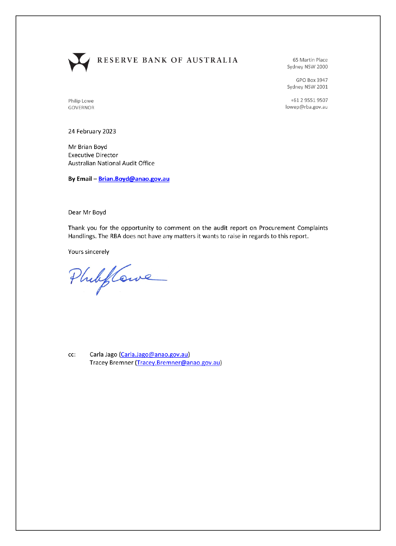 The entity response from the Reserve Bank.