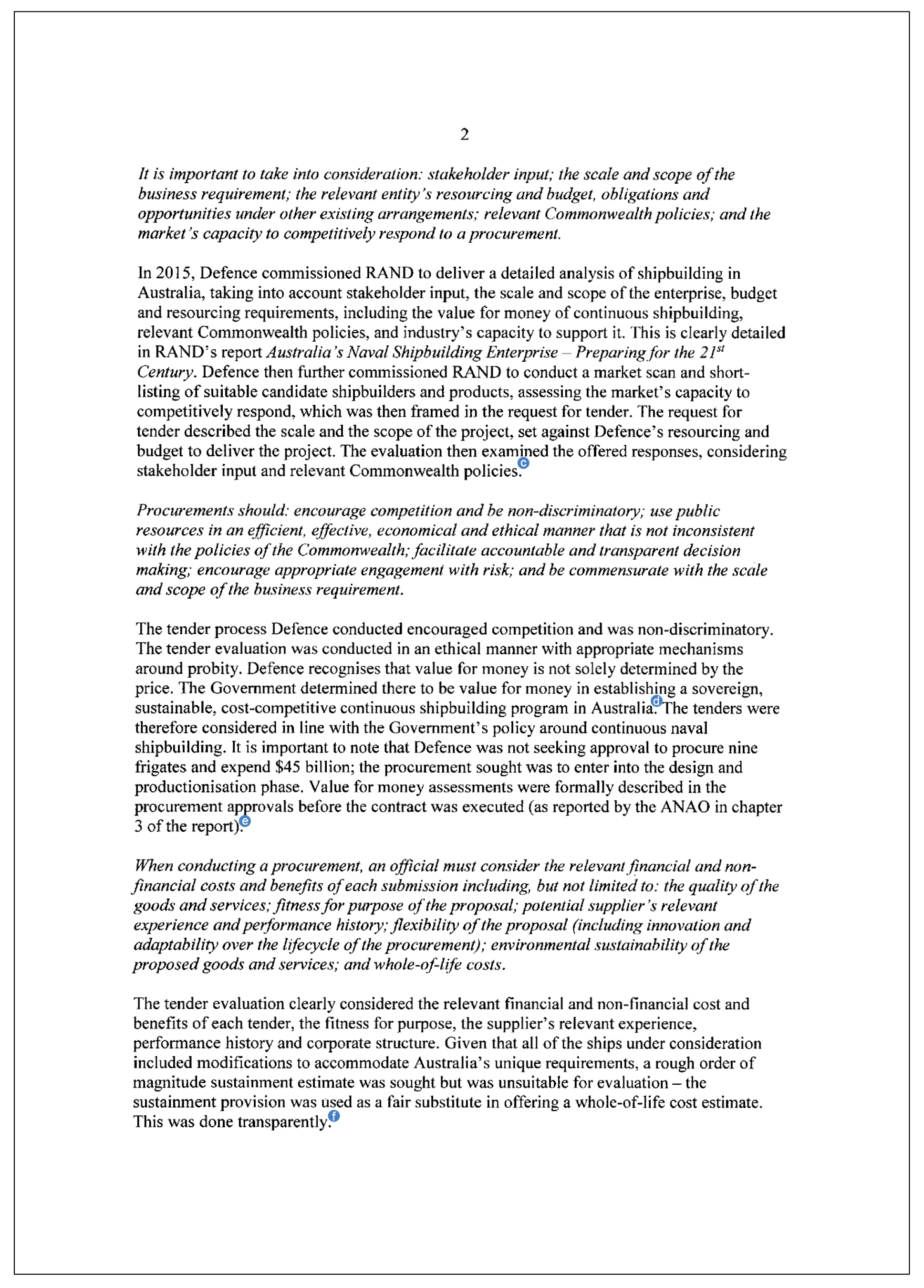 Page two of the response from the Department of Defence. A summary of the response can be found in the summary and recommendations chapter.