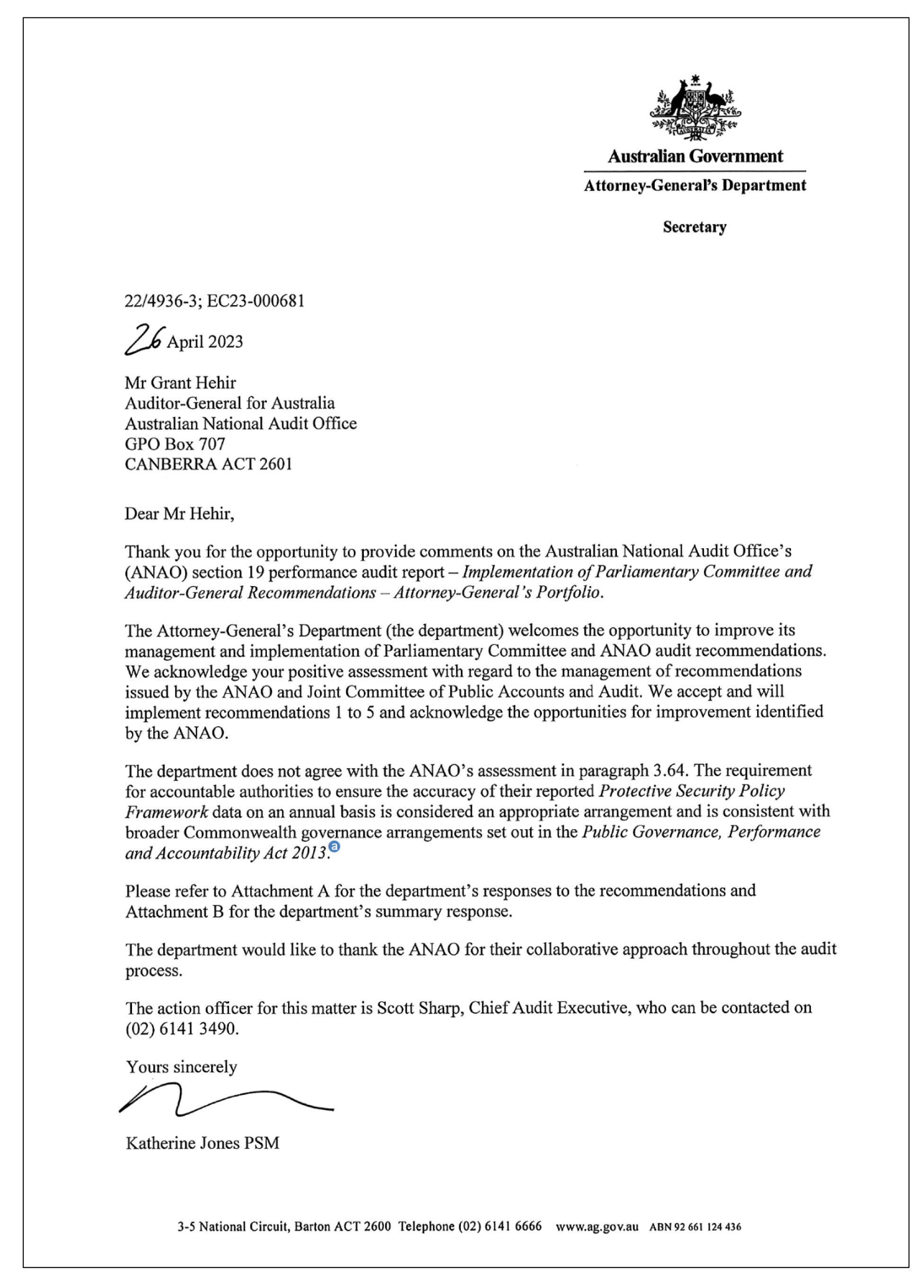 Response from the Attorney-General’s Department. A summary of the response can be found in the summary and recommendations chapter.