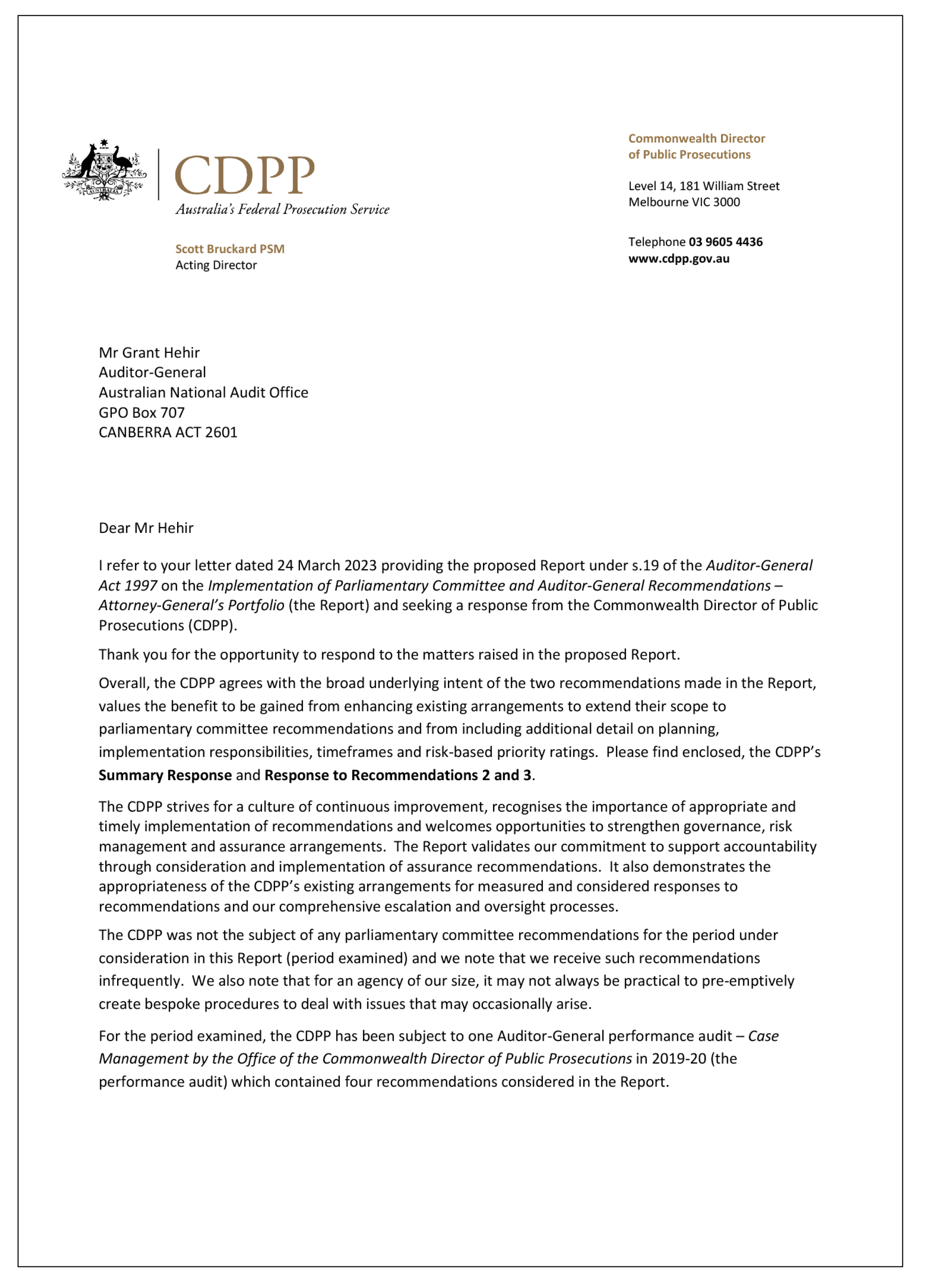 Page one of the response from the Commonwealth Director of Public Prosecutions. A summary of the response can be found in the summary and recommendations chapter.