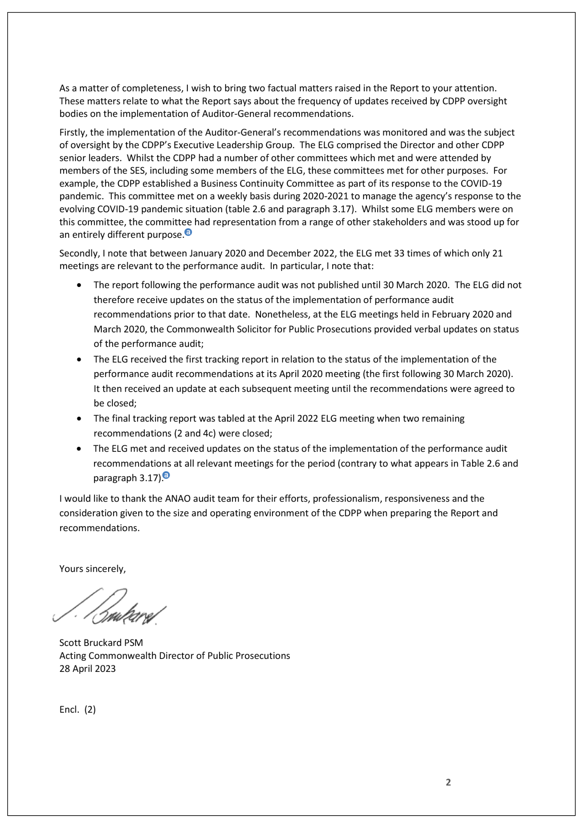 Page two of the response from the Commonwealth Director of Public Prosecutions. A summary of the response can be found in the summary and recommendations chapter.