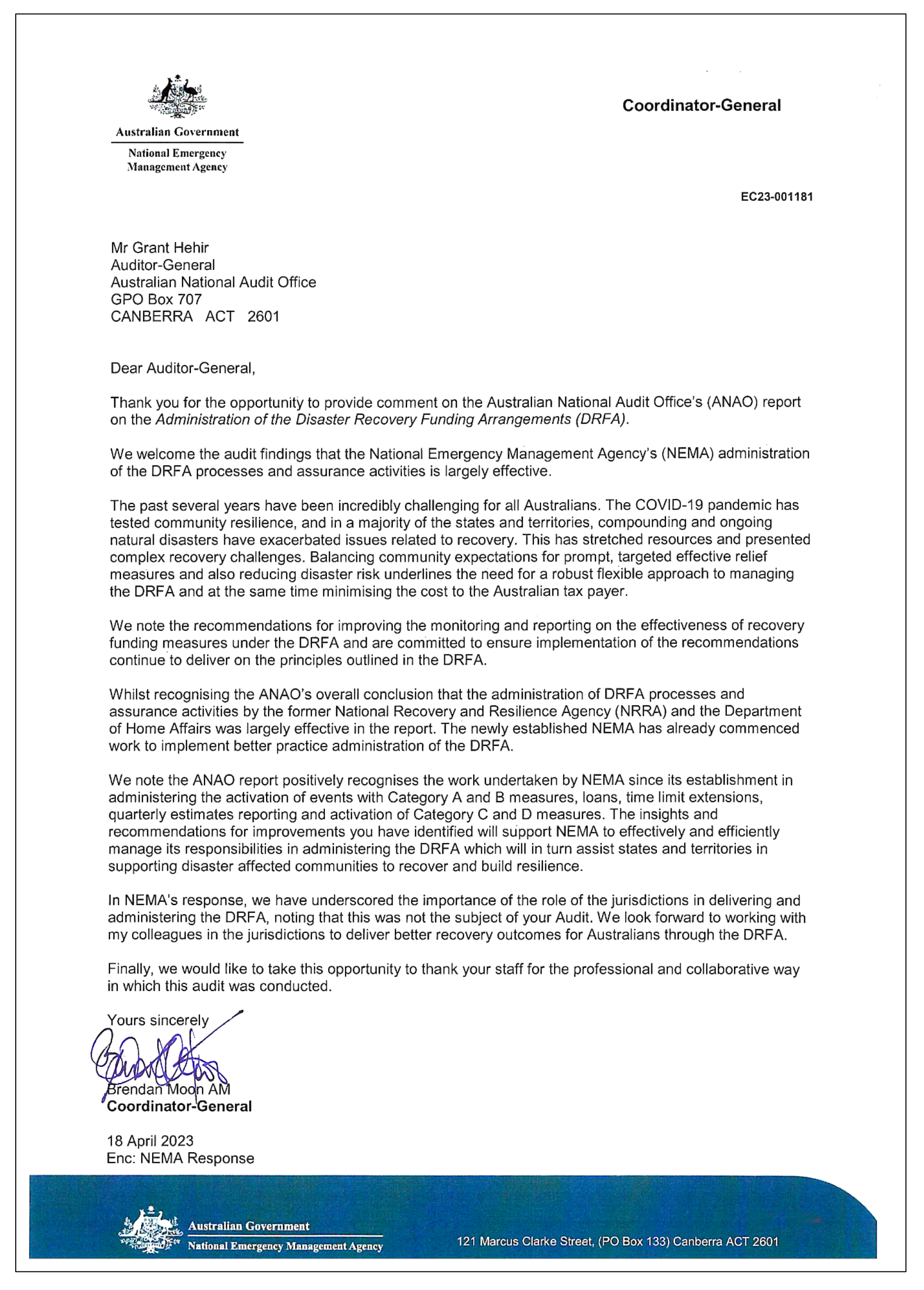 Response from the National Emergency Management Agency. A summary of the response can be found in the summary and recommendations chapter.