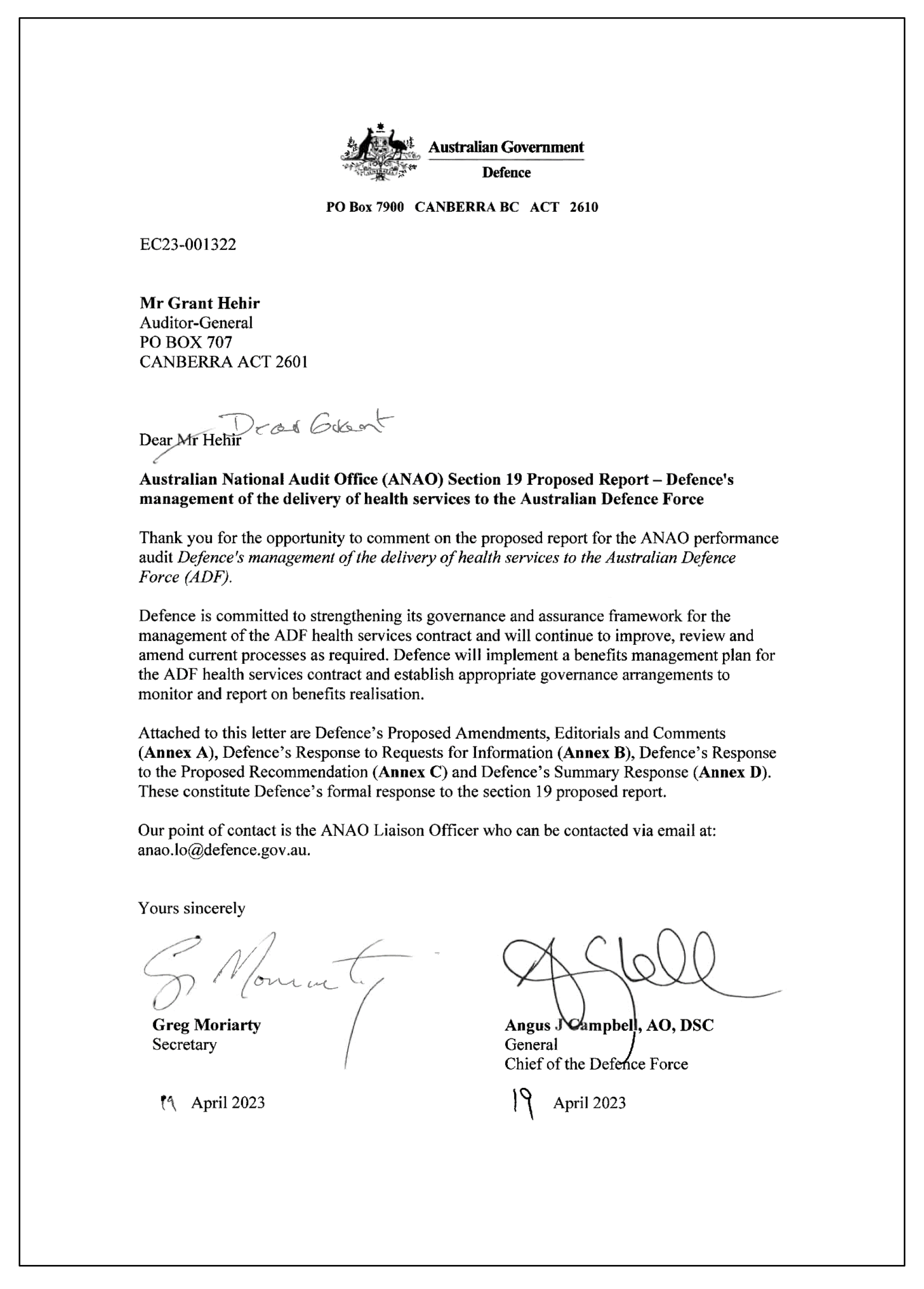 Response from the Department of Defence. A summary of the response can be found in the summary and recommendations chapter.