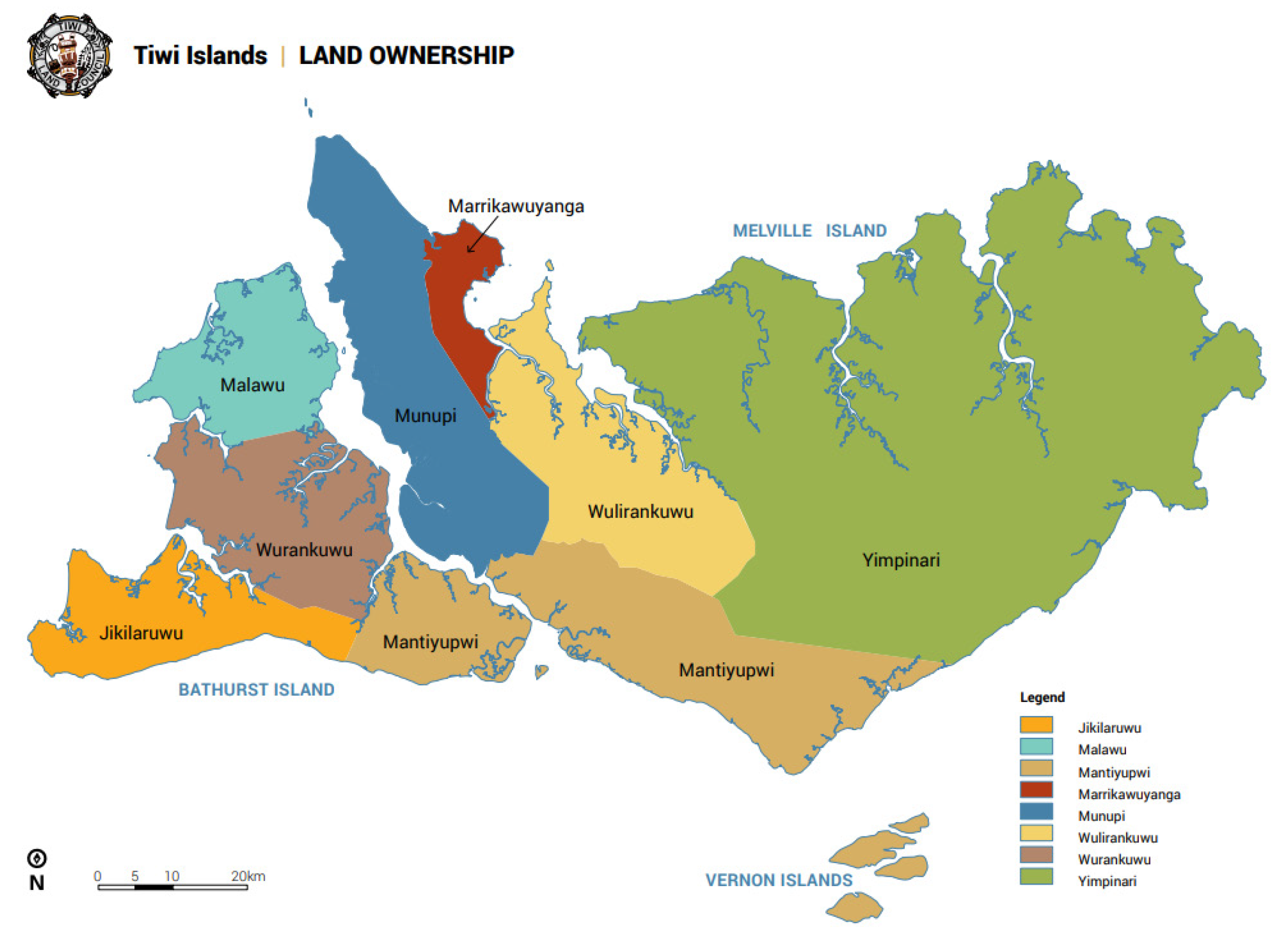 A map of the Tiwi Islands showing the eight clans’ land ownership.