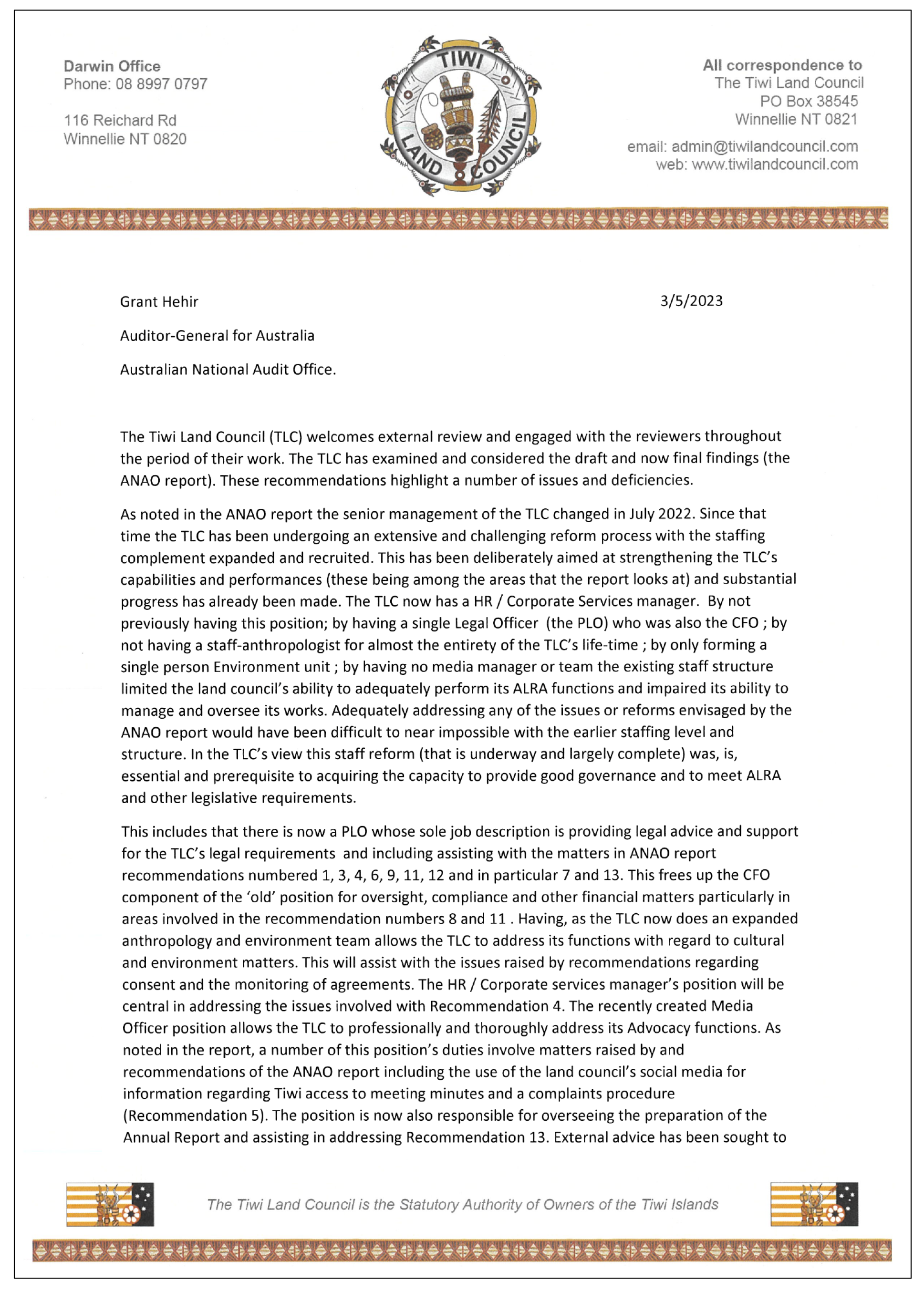 Page one of the response from the Tiwi Land Council. A summary of the response can be found in the summary and recommendations chapter.