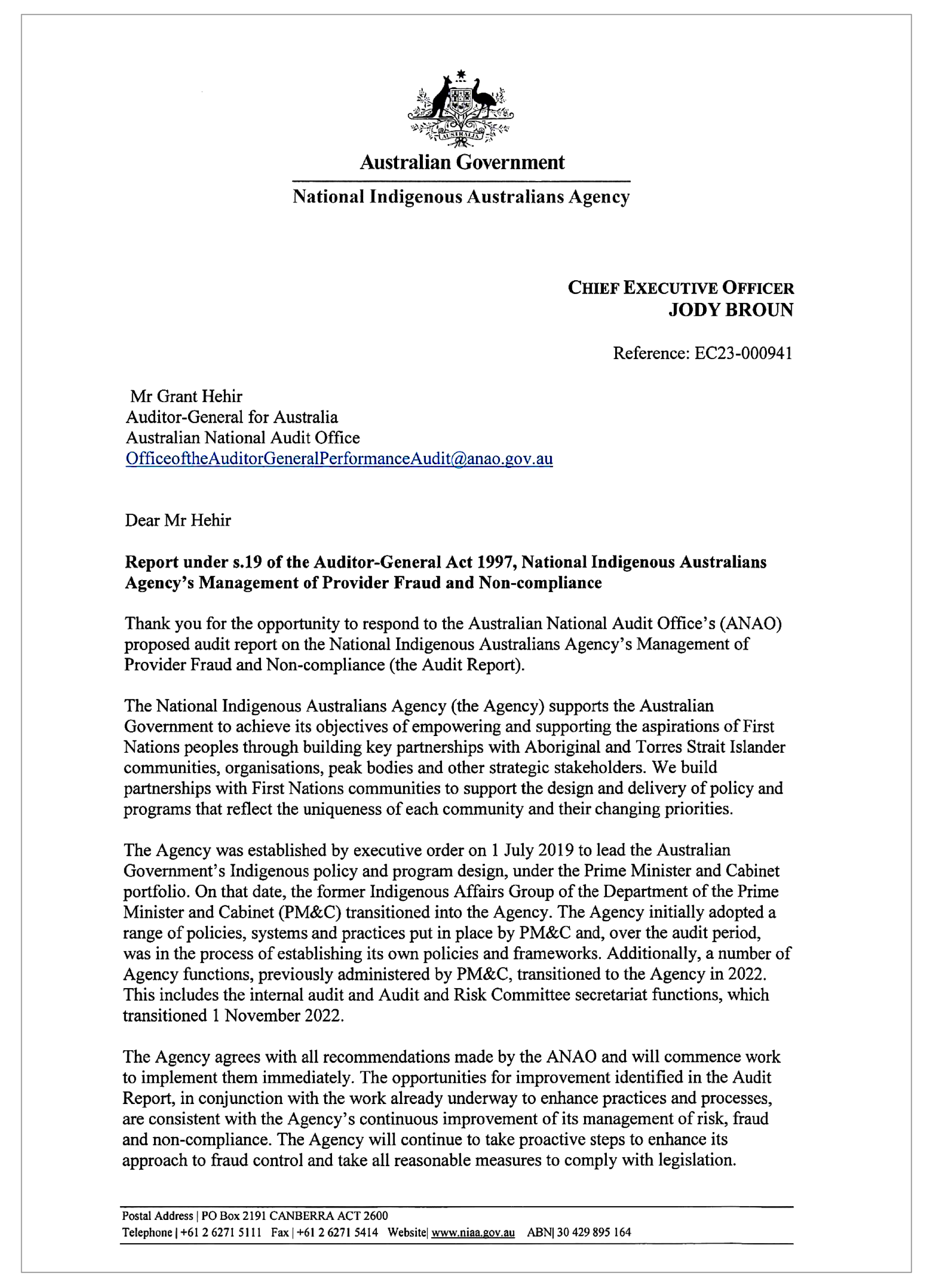 Page one of the response from the National Indigenous Australians Agency. A summary of the response can be found in the summary and recommendations chapter.