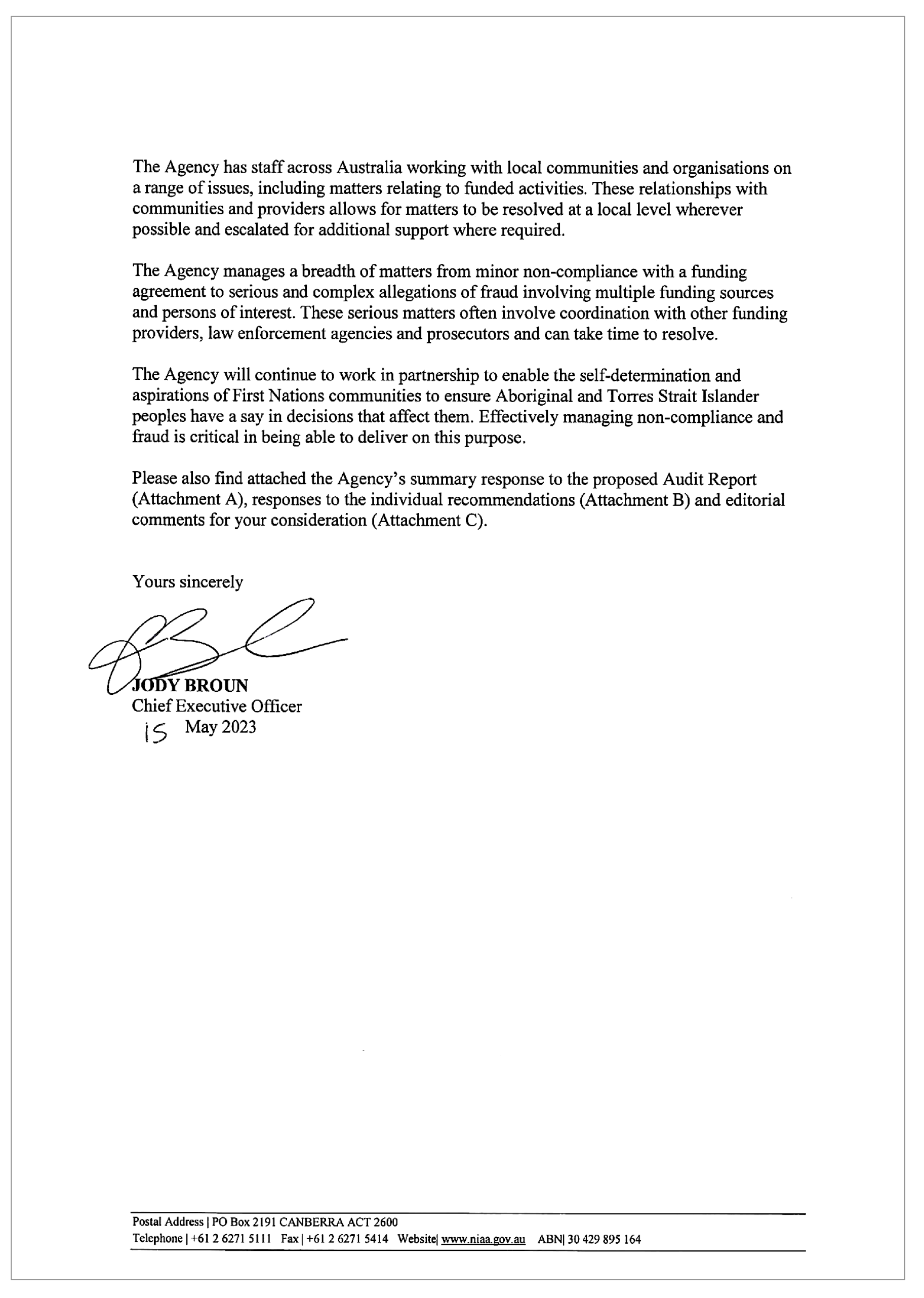Page two of the response from the National Indigenous Australians Agency. A summary of the response can be found in the summary and recommendations chapter.