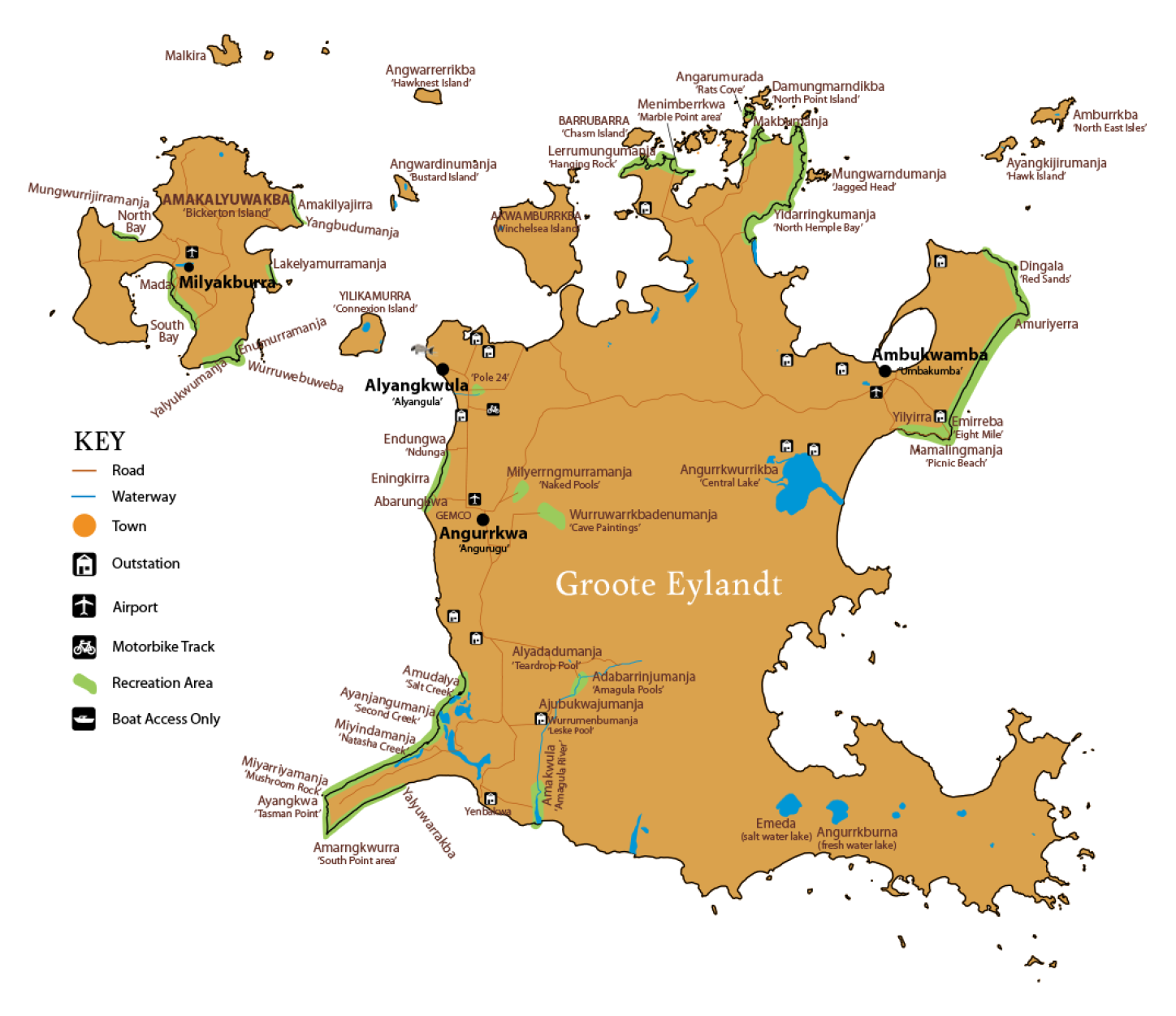 Map of the Groote Archipelago, showing Groote Eylandt and the much smaller Bickerton Island to the north-west. Winchelsea Island is situated off the northern coast of Groote Eylandt. The townships of Alyangula and Angurugu are located on the western side of Groote Eylandt, while Umbakumba is located in the east. There are no townships in the southern half of Groote Eylandt. The township of Milyakburra is located on Bickerton Island. 