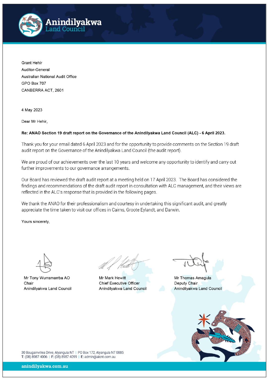 Page one of the response from the Anindilyakwa Land Council. A summary of the response can be found in the summary and recommendations chapter.