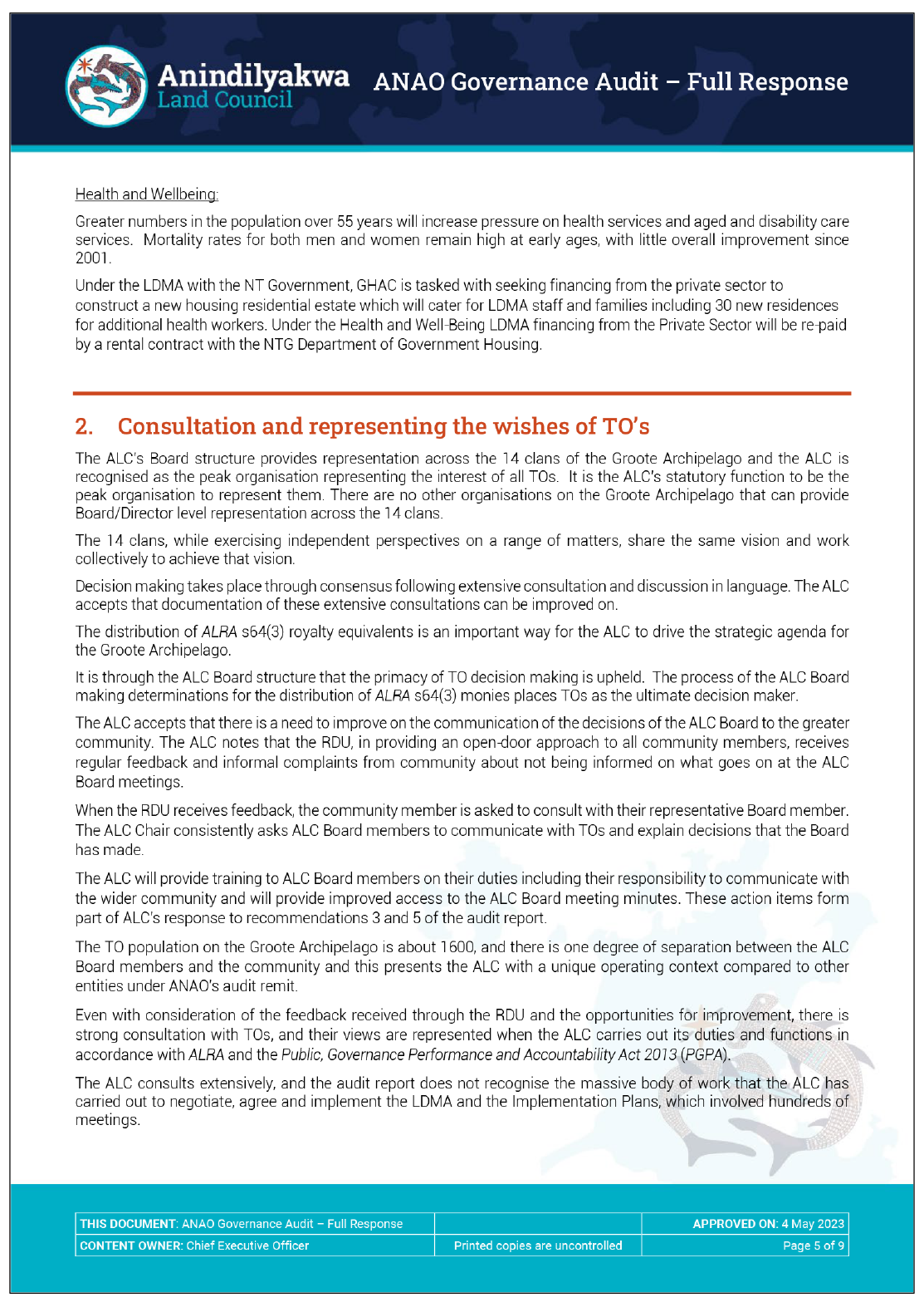 Page six of the response from the Anindilyakwa Land Council. A summary of the response can be found in the summary and recommendations chapter.
