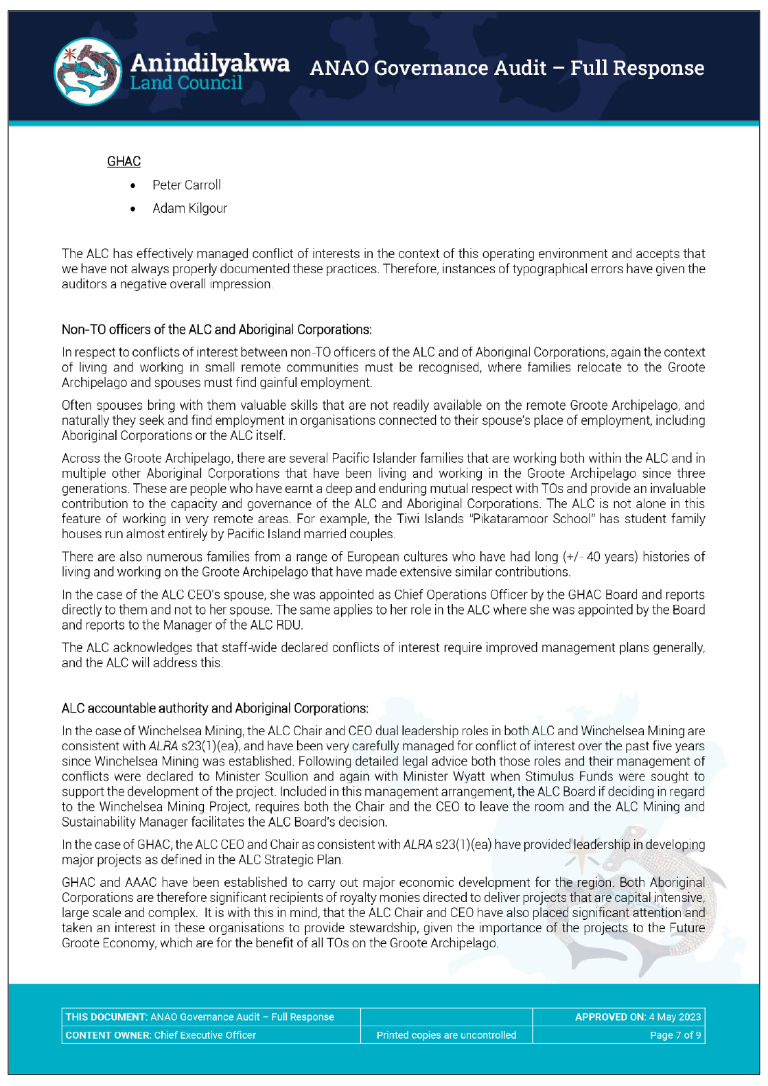 Page eight of the response from the Anindilyakwa Land Council. A summary of the response can be found in the summary and recommendations chapter.