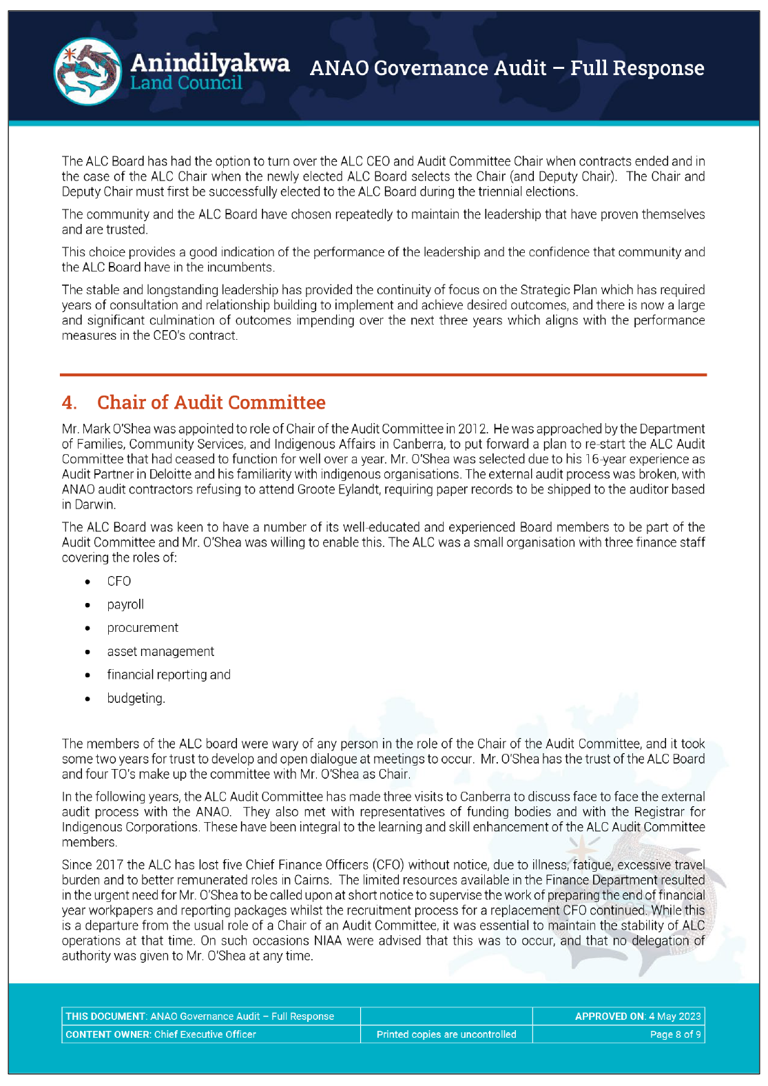 Page nine of the response from the Anindilyakwa Land Council. A summary of the response can be found in the summary and recommendations chapter.