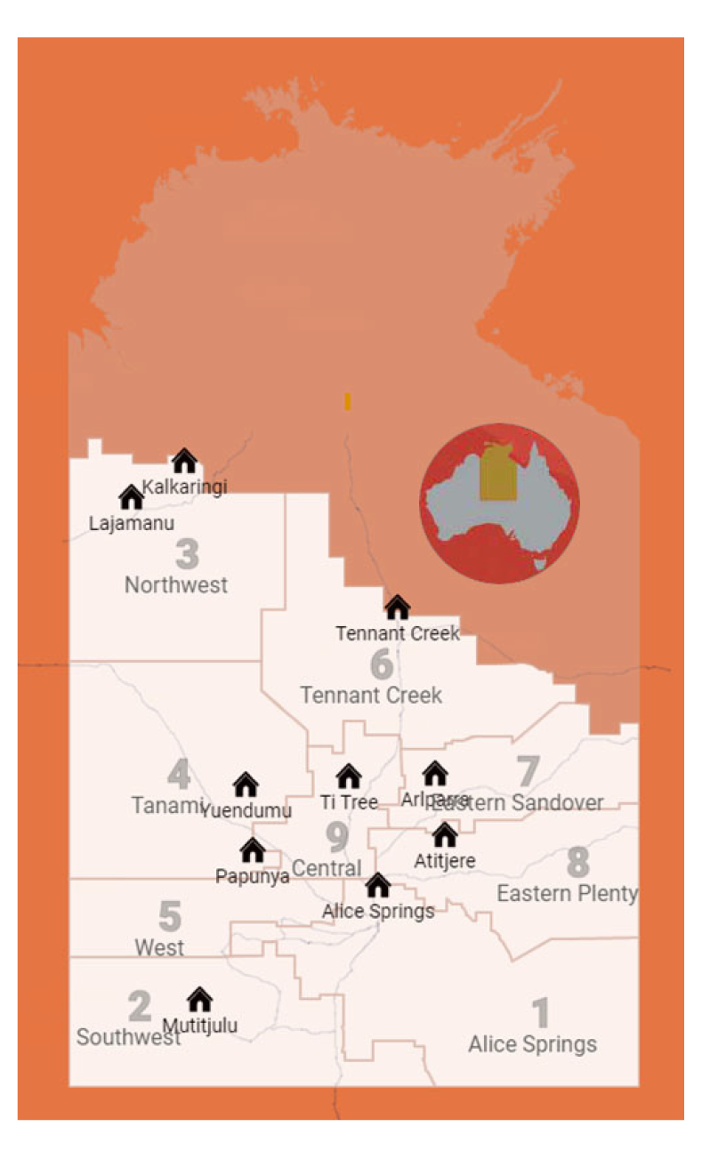 Map of the Central Land Council region including the 9 CLC sub-regions and the relationship of the whole CLC region to the rest of Australia.