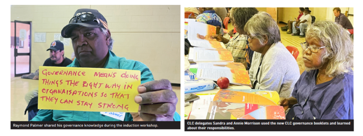 Two photos, with each photo showing council members participating in an induction process and either holding or reading material relating to governance.