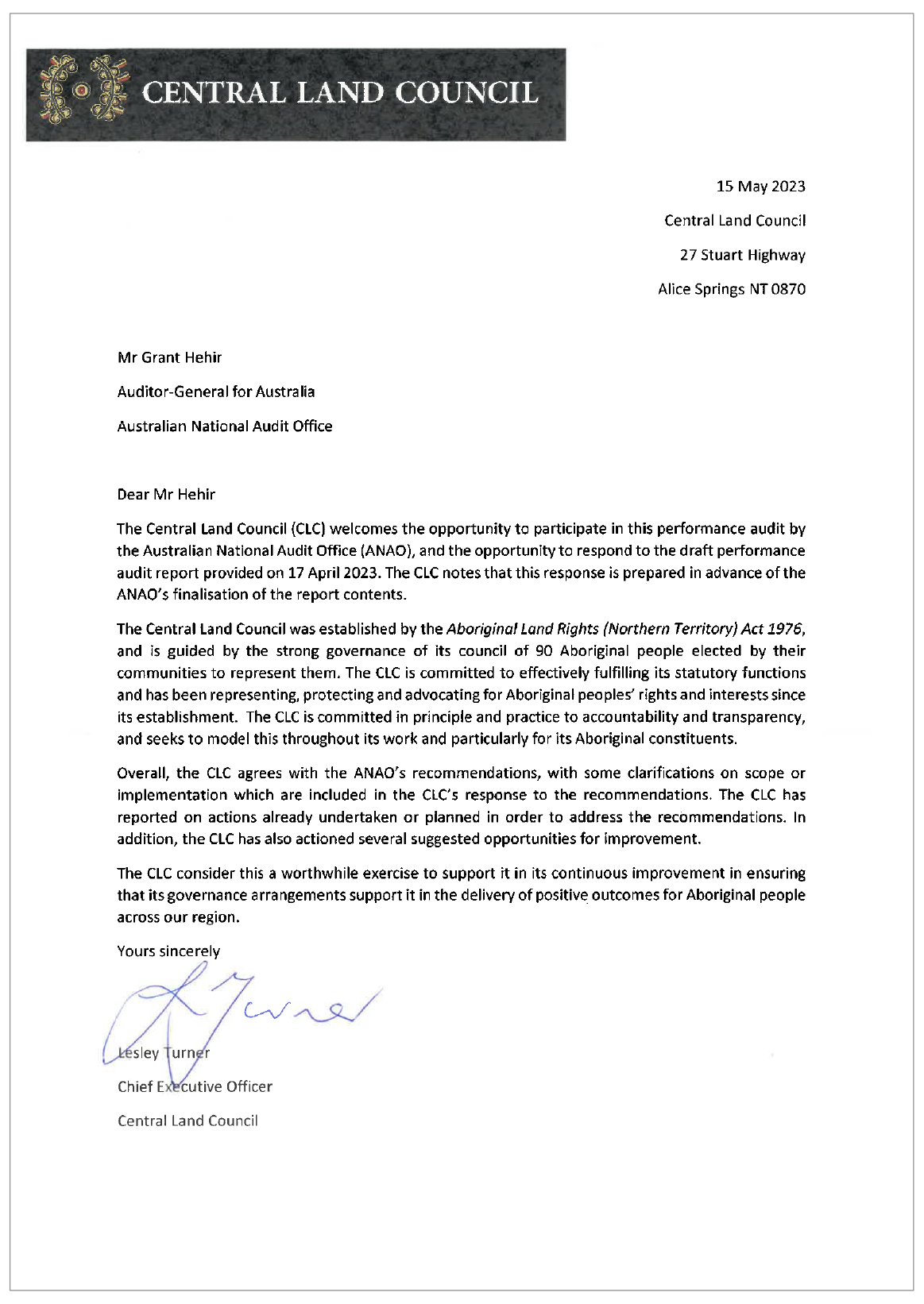 Response from the Central Land Council. A summary of the response can be found in the summary and recommendations chapter.