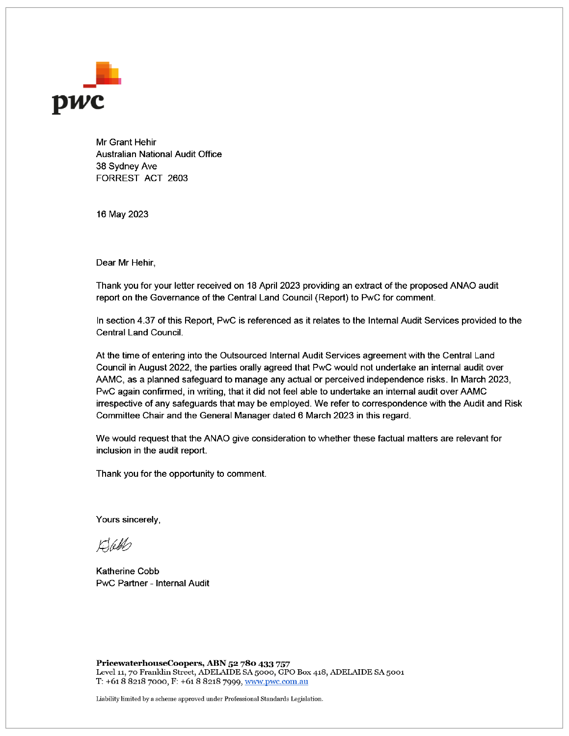 Response from PwC regarding the extract from this report.