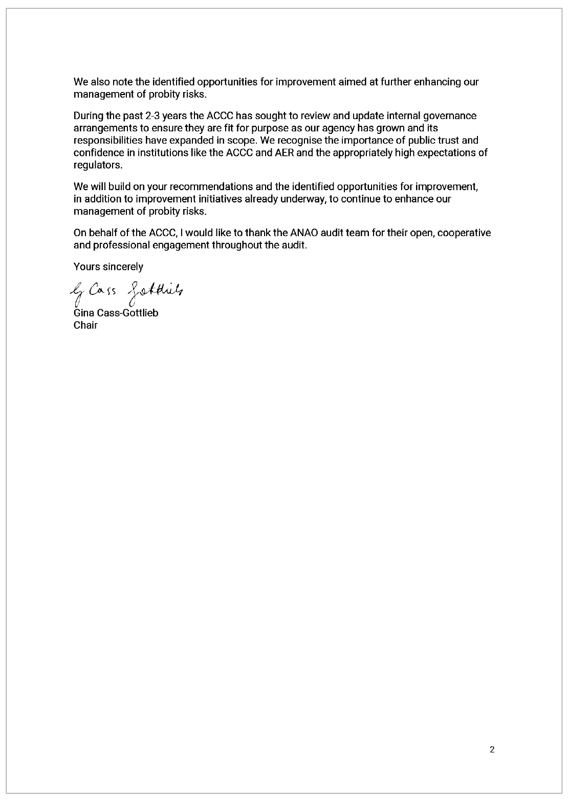 Page two of the response from the Australian Competition and Consumer Commission. A summary of the response can be found in the summary and recommendations chapter.