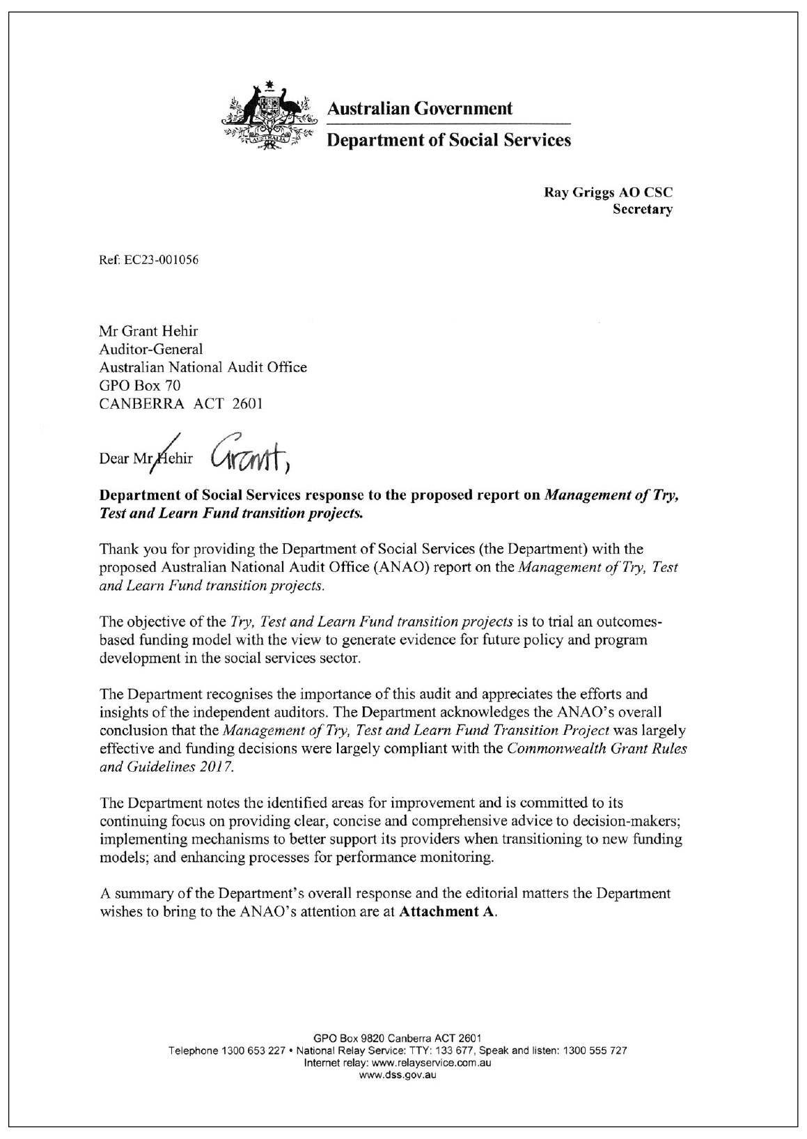 Page one of the response from the Department of Social Services. A summary of the response can be found in the summary and recommendations chapter.