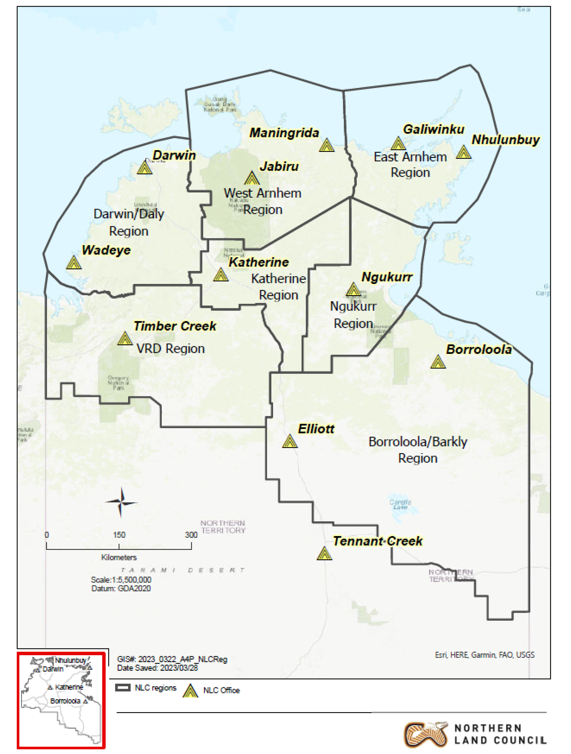 A map of the NLC jurisdiction shows seven regions (Darwin Daly Region, West Arnhem Region, East Arnhem Region, Katherine Region, Victoria River District Region, Ngukurr Region, and Borroloola Barkly Region). At least one NLC office is located in each region. There are a total of 12 offices, including locations in Darwin, Wadeye, Timber Creek, Maningrida, Jabiru, Katherine, Galiwinku, Nhulunbuy, Ngukurr, Borroloola, Elliot and Tennant Creek.
