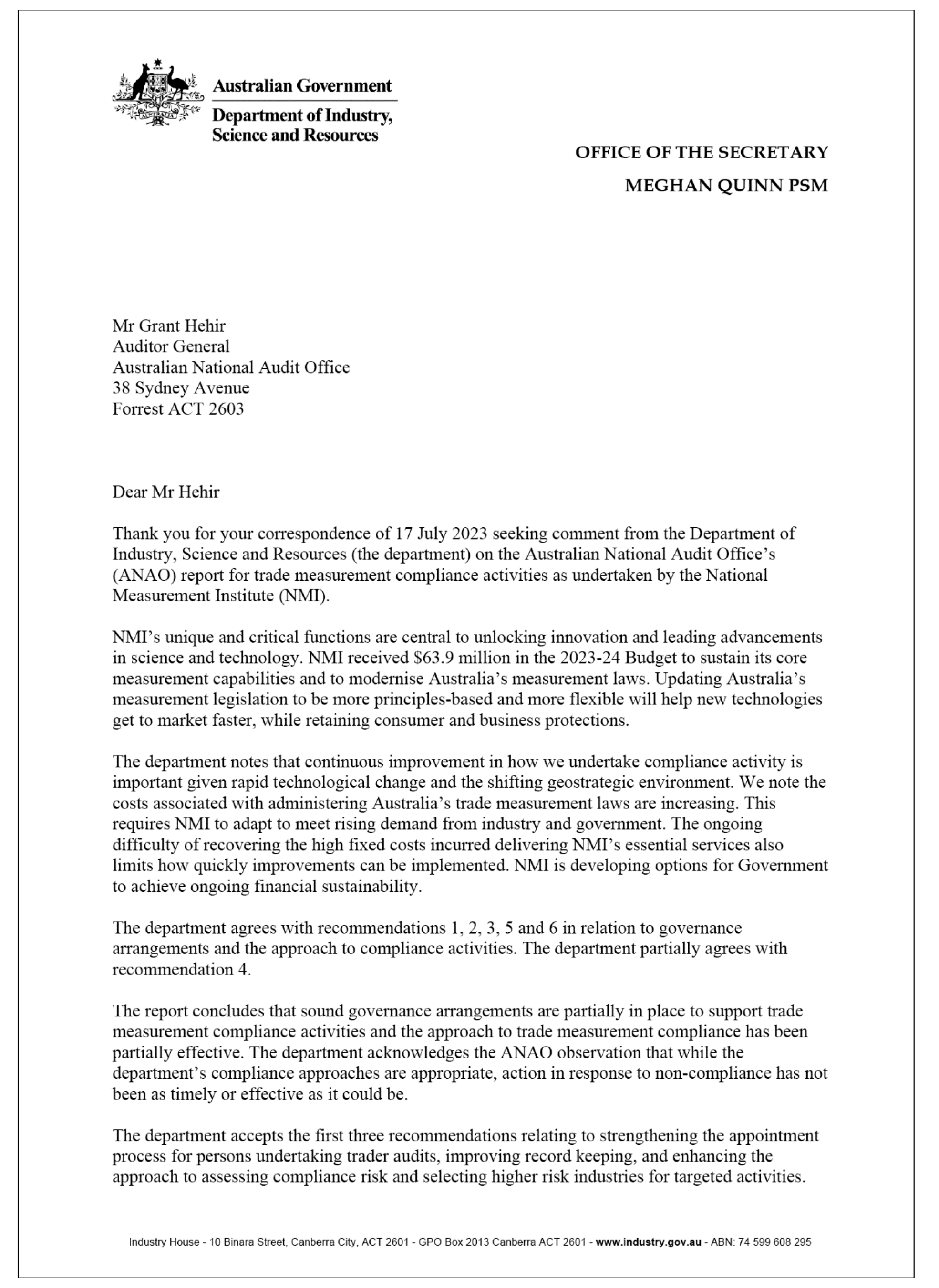 Page one of the response from the Department of Industry, Science and Resources. A summary of the response can be found in the summary and recommendations chapter.