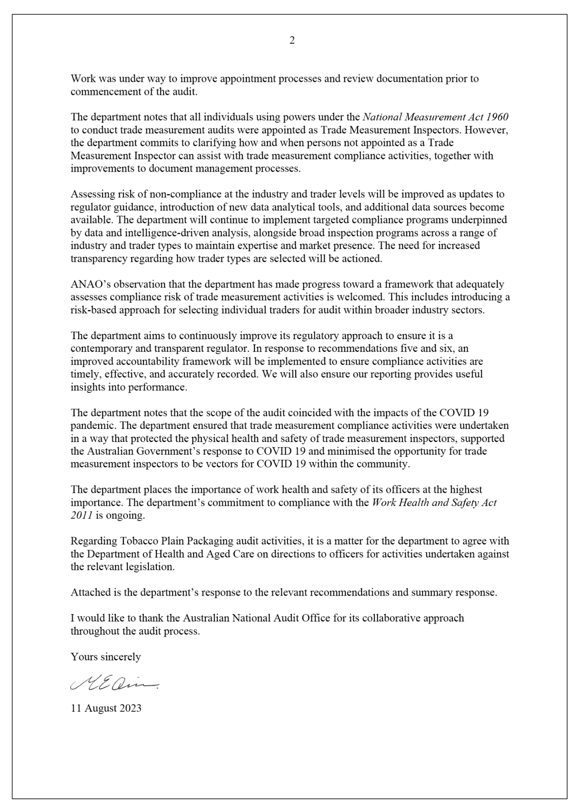 Page two of the response from the Department of Industry, Science and Resources. A summary of the response can be found in the summary and recommendations chapter.