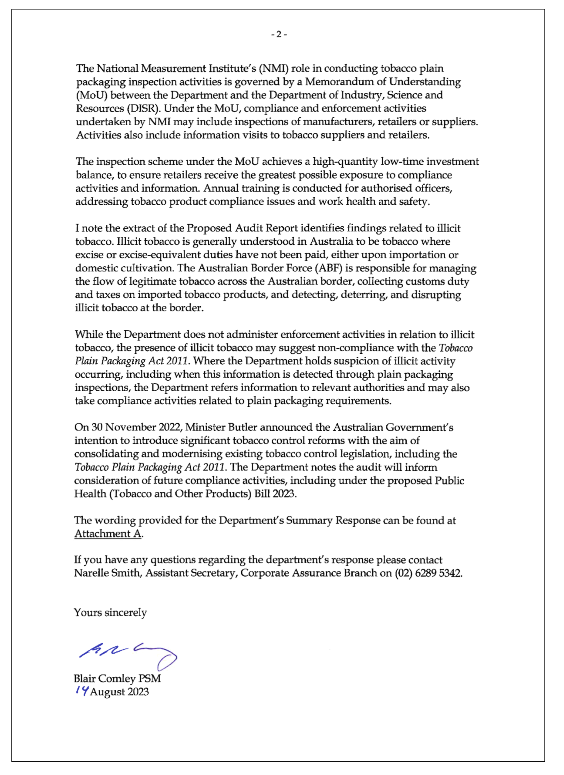 Page two of the response from the Department of Health and Aged Care. A summary of the response can be found in the summary and recommendations chapter.