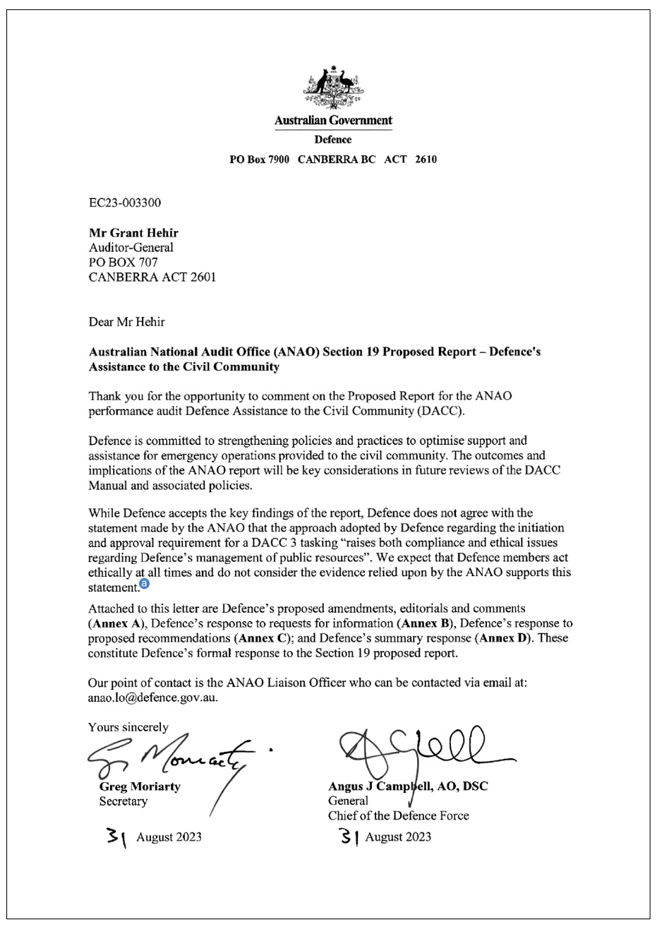 Page one of the response from the Department of Defence. A summary of the response can be found in the summary and recommendations chapter.
