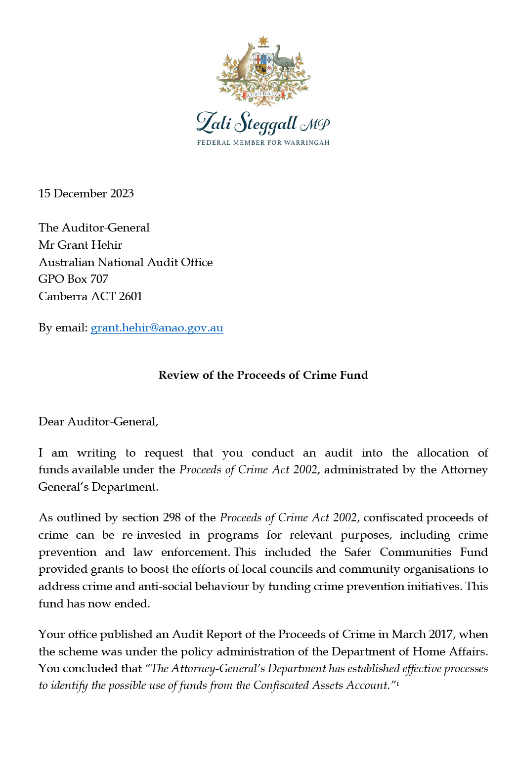 Correspondence from Zali Steggall. A transcript of the correspondence is located on this page. 
