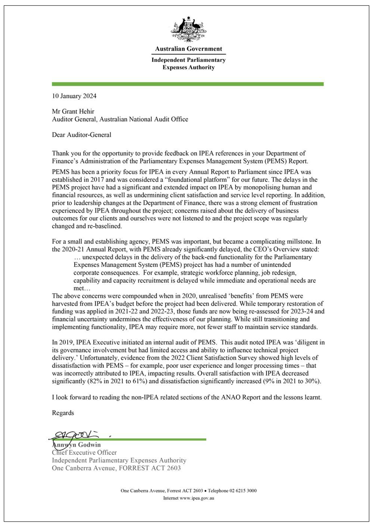 Page one of the response from IPEA. A summary of the response can be found in the summary and recommendations chapter.