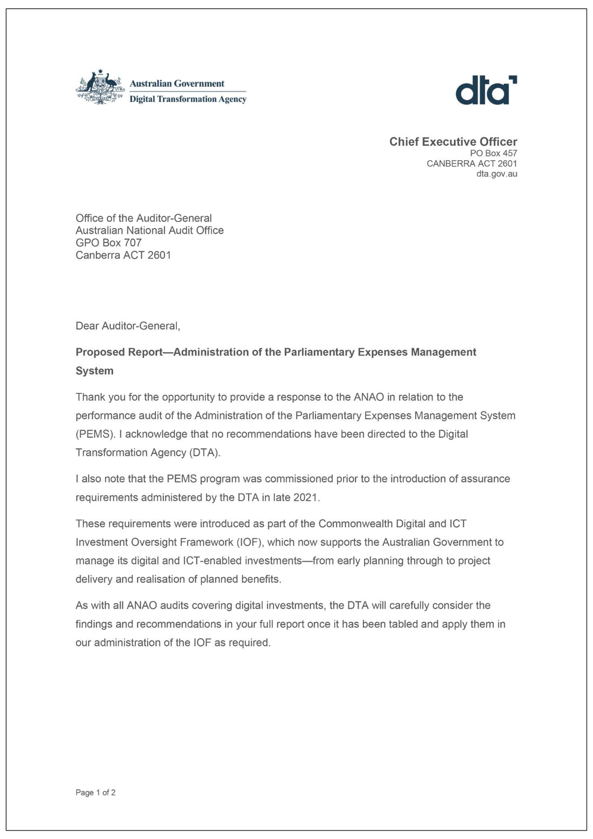 Page one of the response from DTA. A summary of the response can be found in the summary and recommendations chapter.