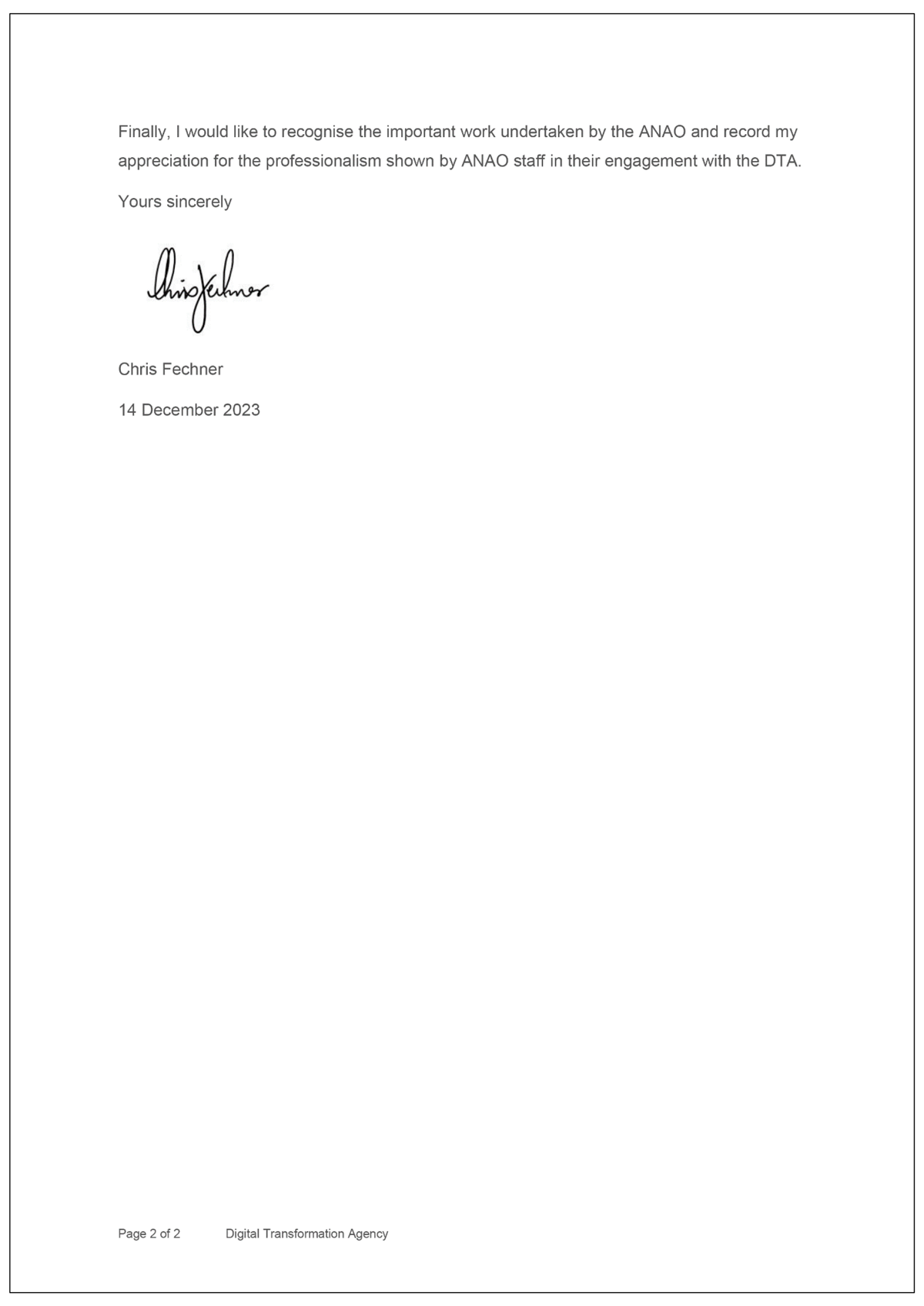Page one of the response from DTA. A summary of the response can be found in the summary and recommendations chapter.