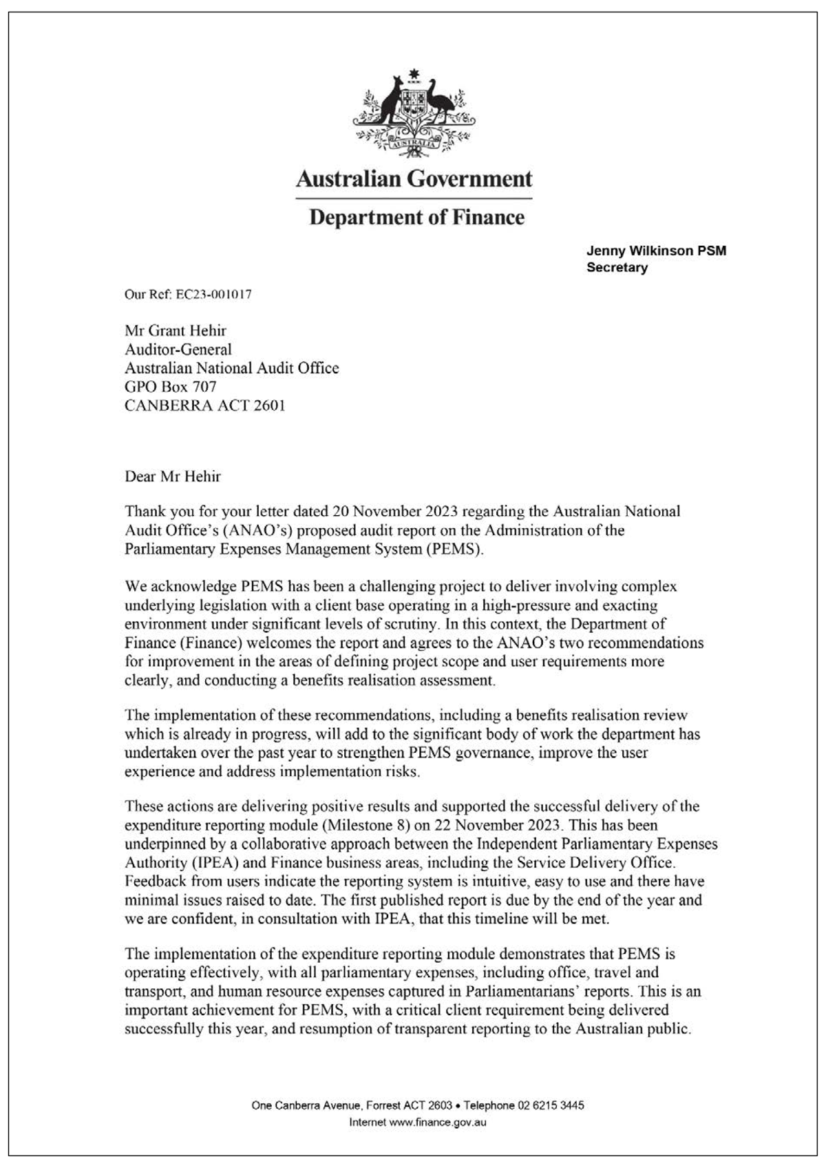Page one of the response from Department of Finance. A summary of the response can be found in the summary and recommendations chapter.