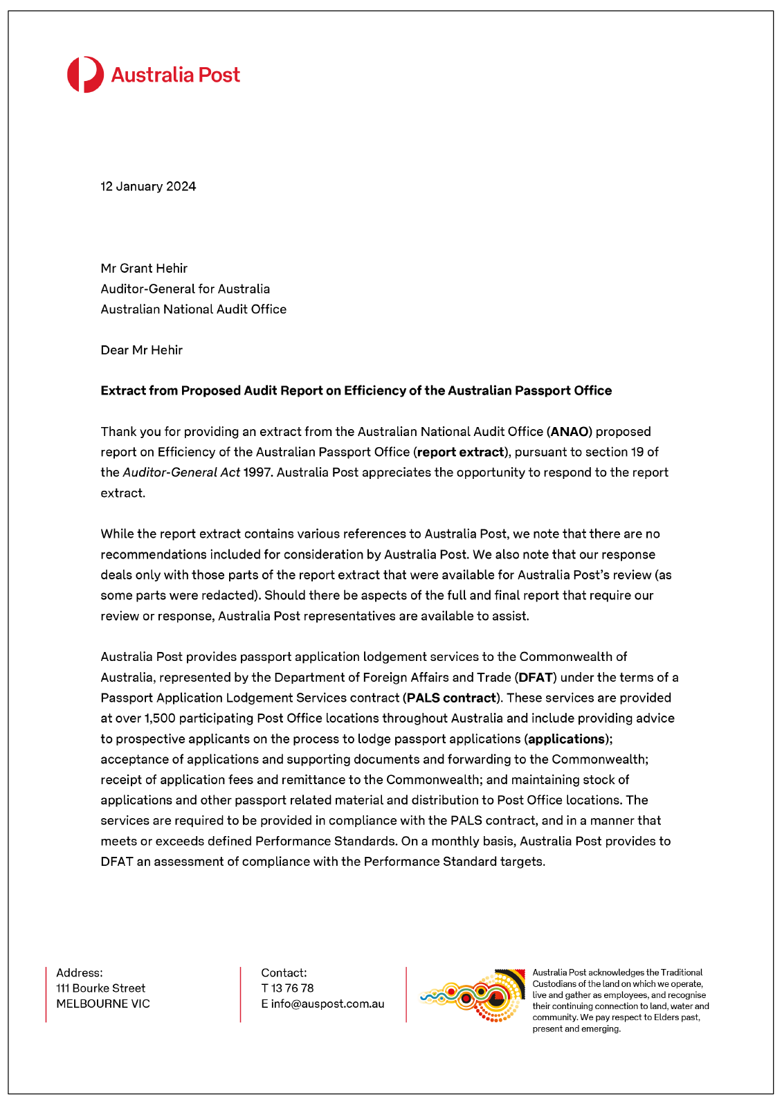 Page one of the response from Australia Post. A summary of the response can be found in the summary and recommendations chapter.