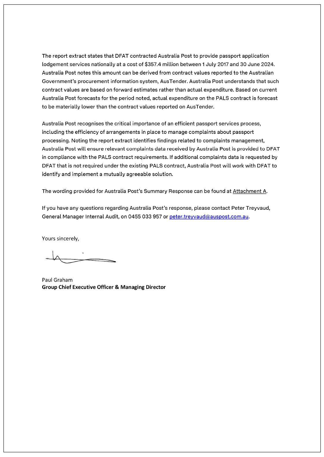 Page one of the response from Australia Post. A summary of the response can be found in the summary and recommendations chapter.