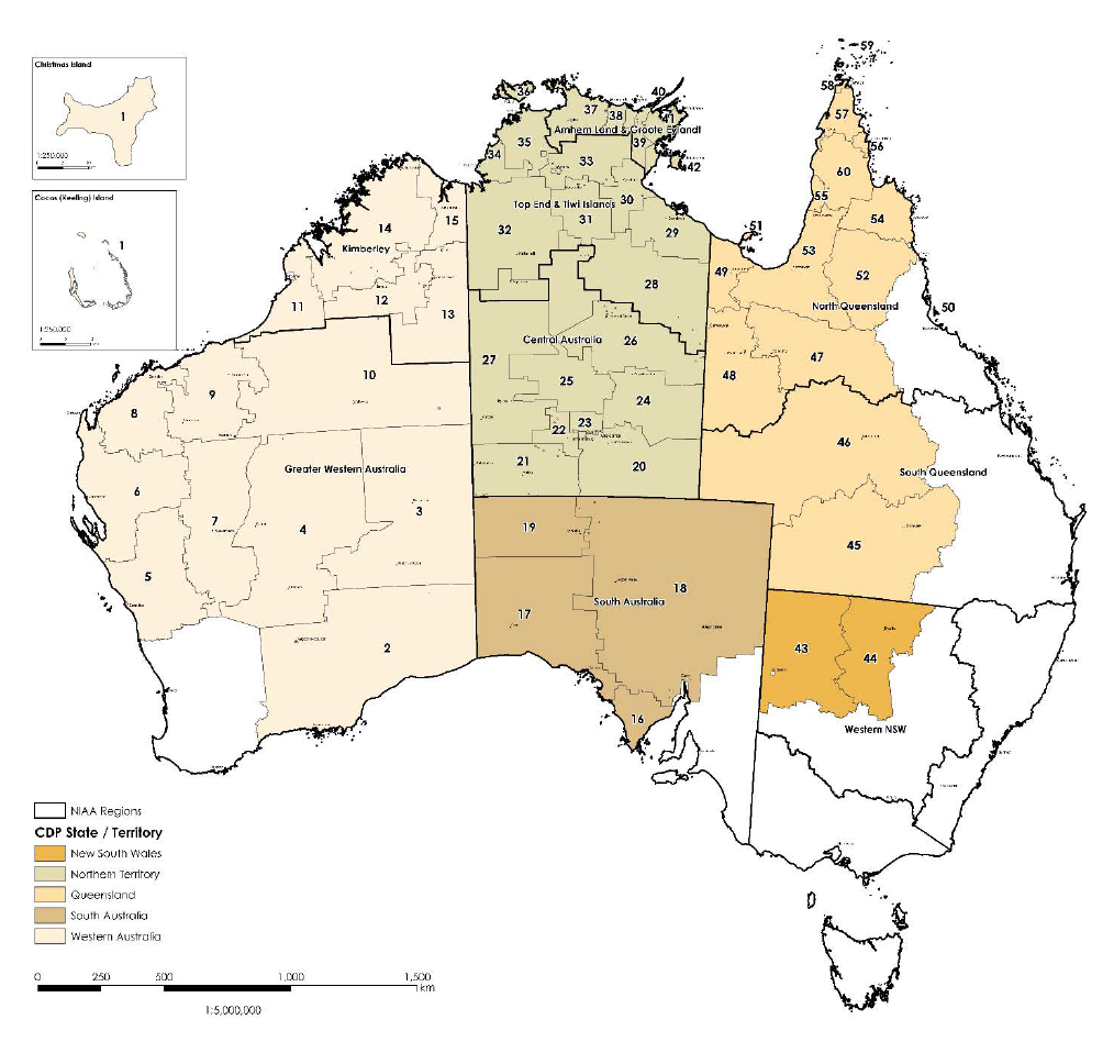 A figure that shows a map of Australi and identifies the 60 CDP regions.
