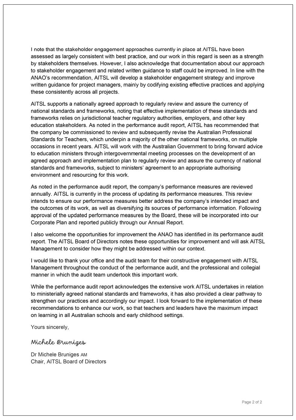 Page two of the response from the AITSL. A summary of the response can be found in the summary and recommendations chapter.