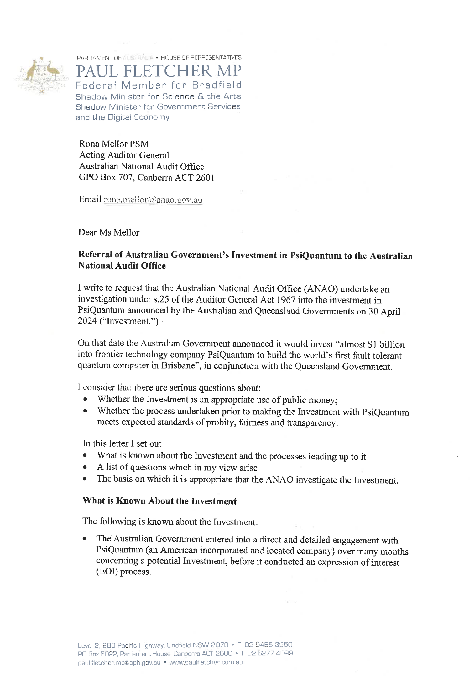 Correspondence from the Hon Paul Fletcher MP Page 1