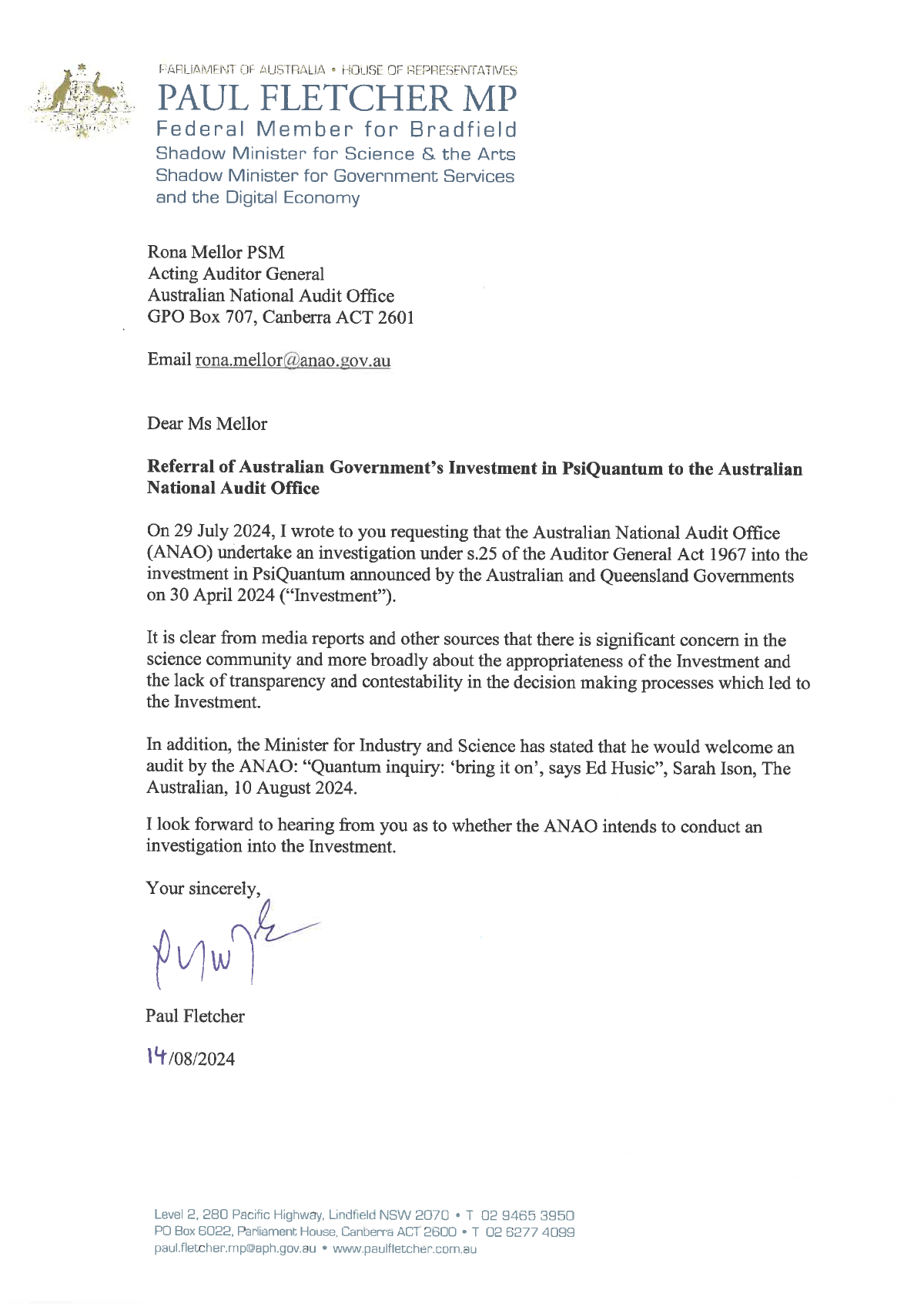 Follow-up correspondence from Senator the Hon Paul Fletcher